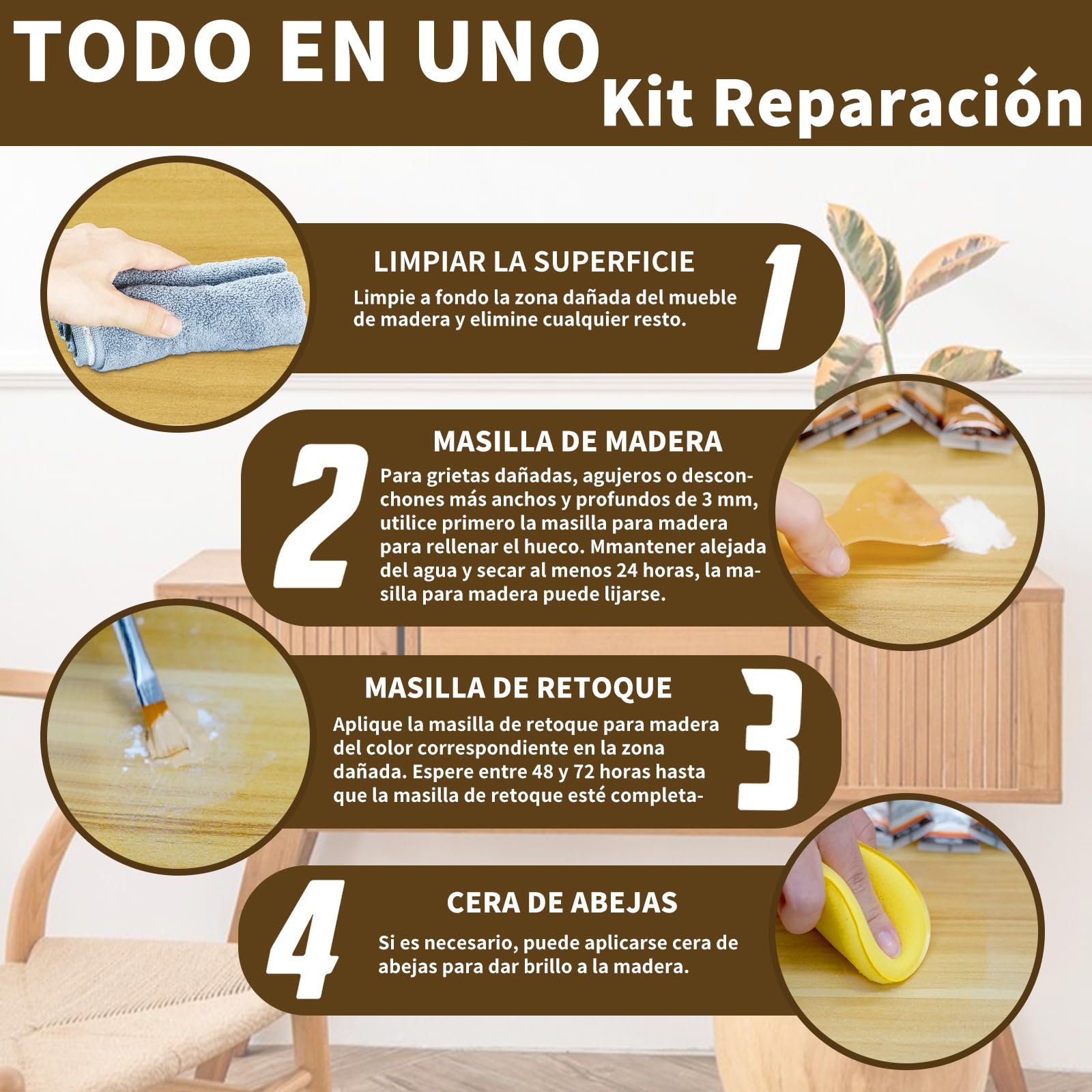 Kit de Reparación de Muebles Incluye Masilla para Madera y 12 Colores de Reparador Madera y Cera de Abejas, Kit Todo en Uno de Reparación de Suelos para Arañazos, Grietas, Manchas, Agujeros