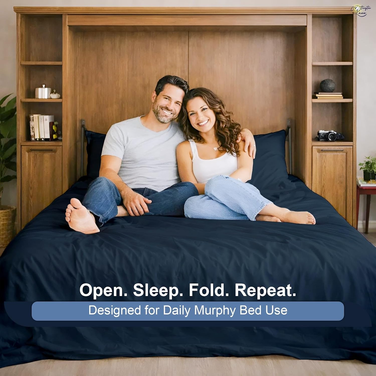 Cottington Lane Navy Blue Sheets for Murphy Bed Mattress, 4 Piece Premium 1800 Ultra Soft Brushed Microfiber King Size Wall Bed Sheet Set, 6-10 Inch Deep Pocket with All-Around Elastic