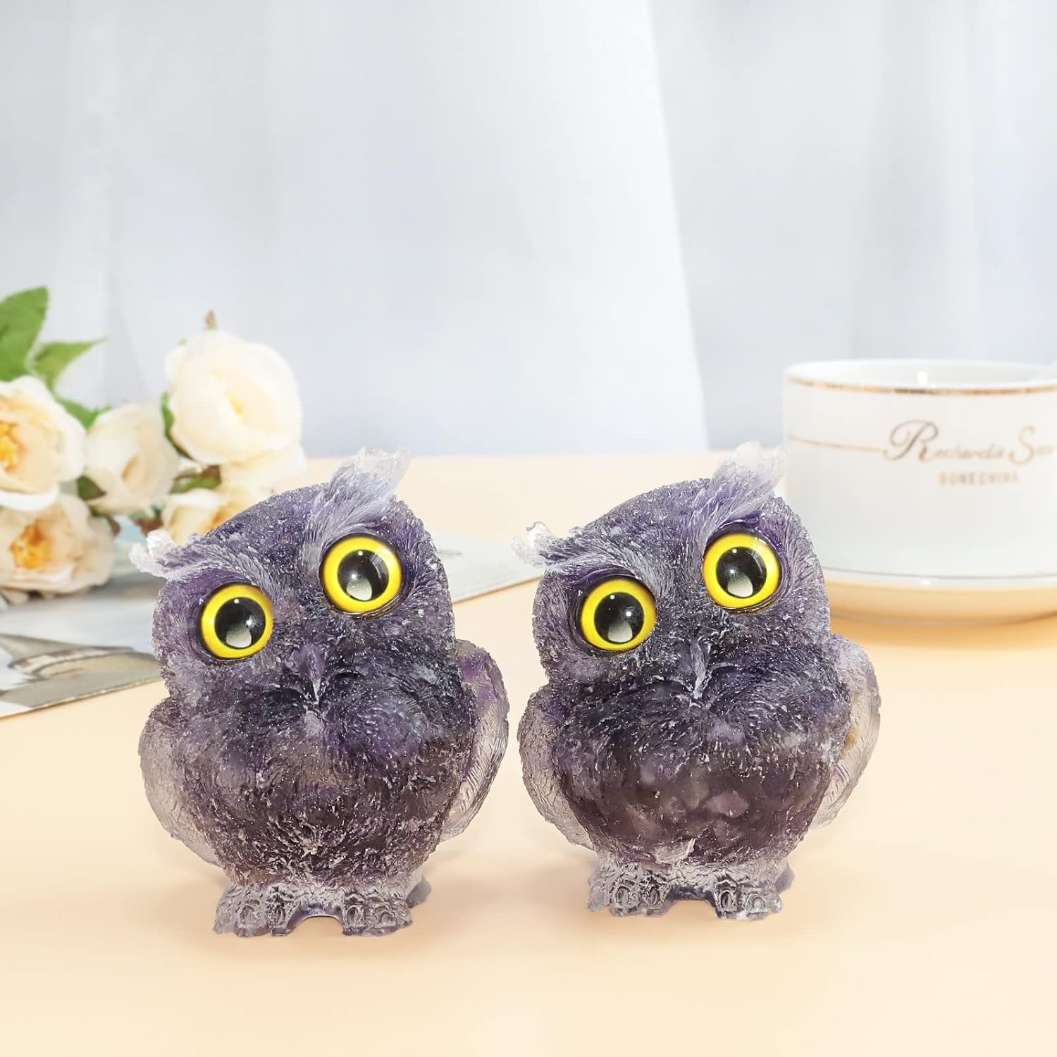 mookaitedecor Amethyst Owl Statue Sculpture Stone, Carved Animals Night Owl Figurine Crystal Ornament for Desktop Office Home Decor, 3 Inch