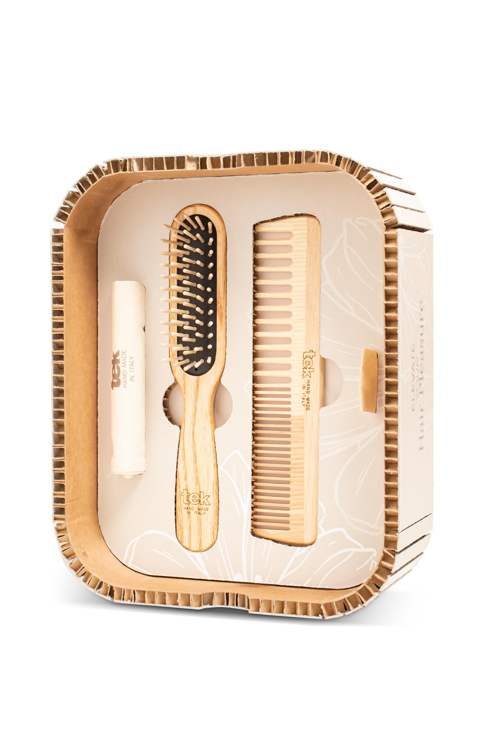 TEK - Hair Pleasure Set, Kit Spazzola e Pettine In Legno, Denti Di Ricambio Inclusi, Set Per La Cura Dei Capelli, Naturale e Artigianale, Perfetto Per Capelli Corti