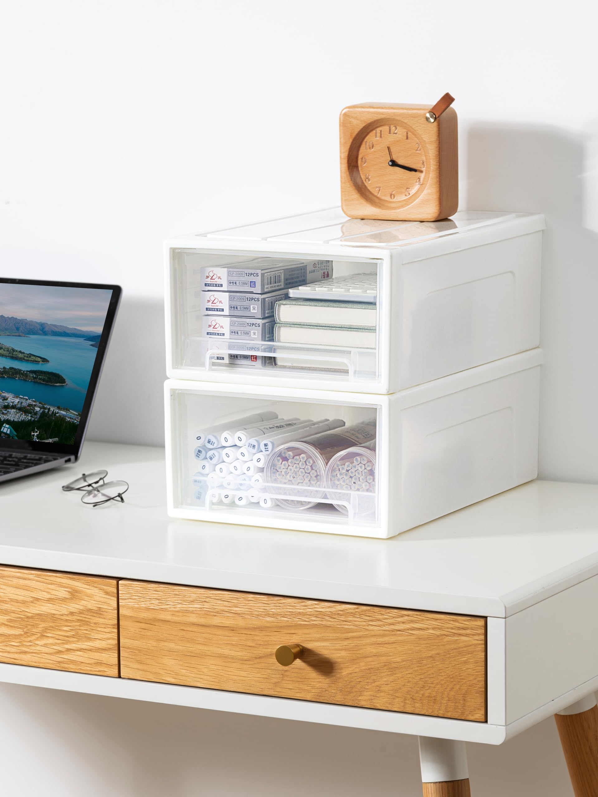Cetomo 14L*3 Cajones de Almacenamiento de Plástico, Organizadores para Escritorio de Oficina, Caja de Almacenamiento, Torre Apilable para Cosméticos, Resistente, Blanco, Transparente, 14L-3 Unidades
