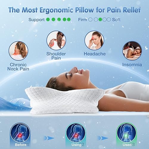Miniatura 3 de Almohada Cervical para el Cuello para Alivio del Dolor - Almohadas de Espuma Viscoelástica Refrescante para Dormir, Almohada Ergonómica para Quienes