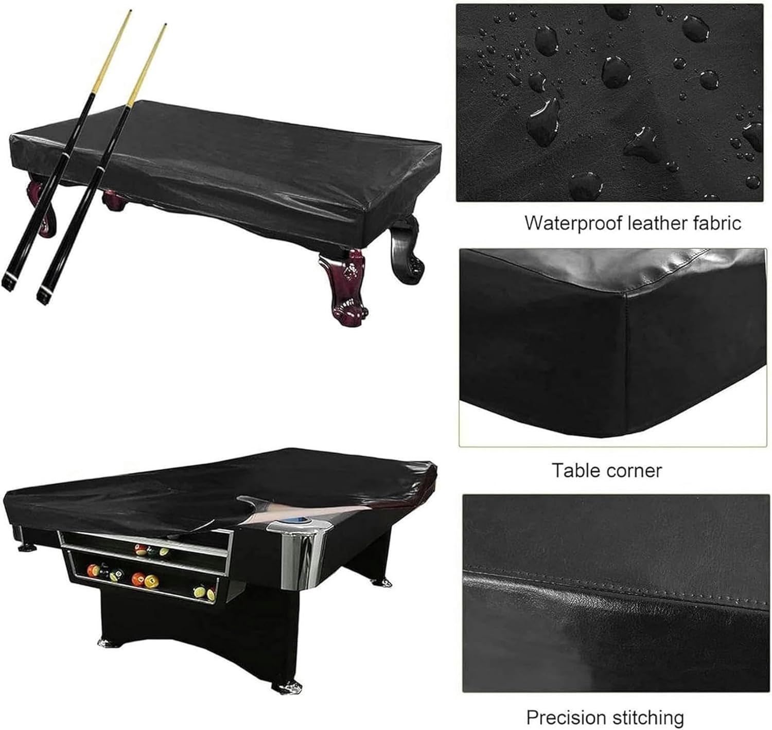 Leather Pool Table Dust Cover, 8ft Billiard Pool Table Covers, Heavy Duty Leatherette Pool Table Cover, Waterproof UV Protection Cover for Pool Table, 254 * 142 * 20cm, Black