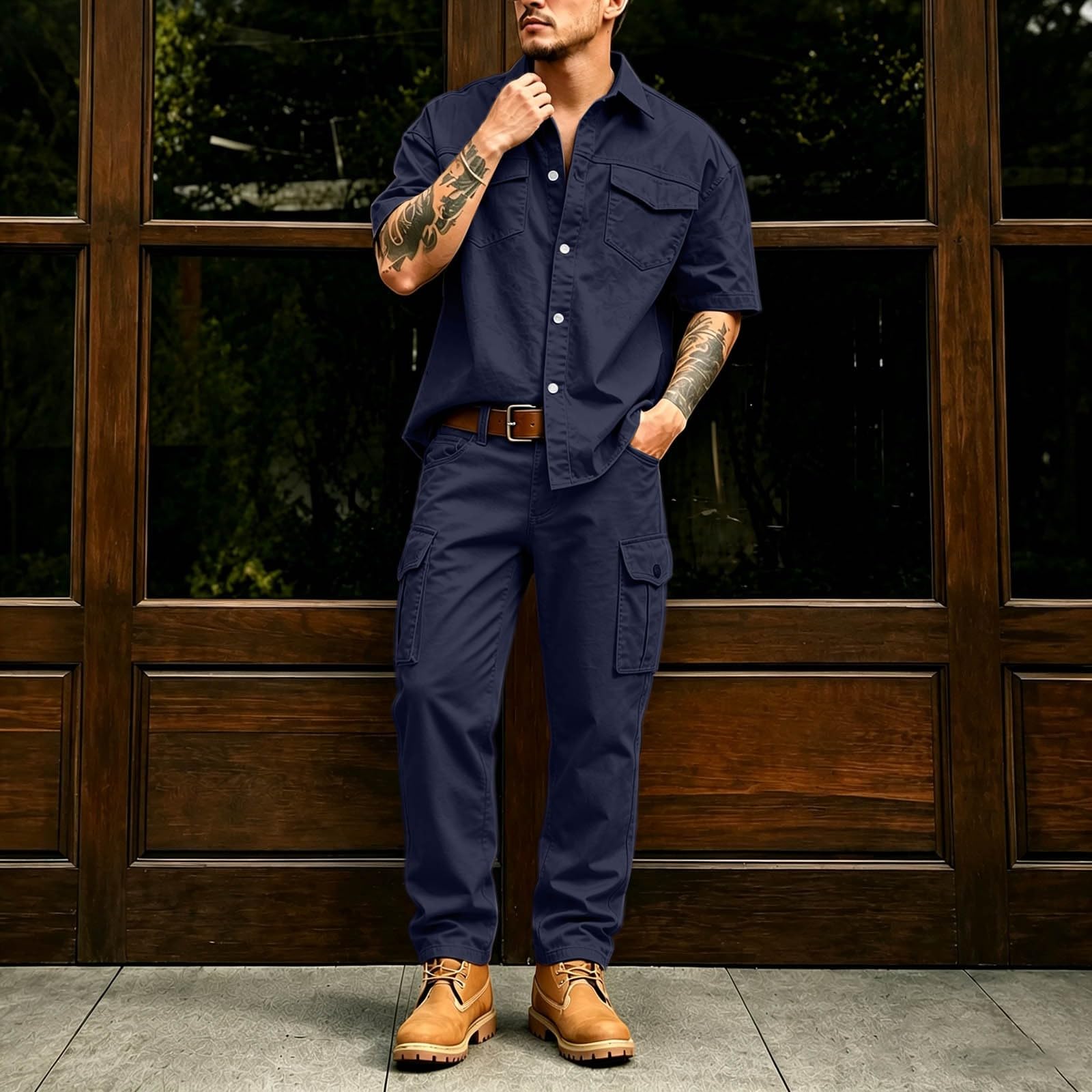 Tuta da jogging da uomo, pantaloni cargo corti | Camicia da lavoro da uomo con abbottonatura, multitasche, robusta, per giardinaggio, fai da te, all'aperto, leggera e comoda