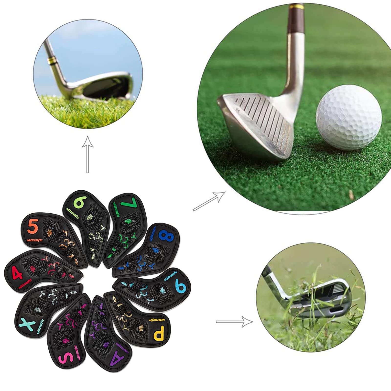 10 Teile/Satz Golf Eisen Headcovers PU Pailletten Stickerei Weiches Plüschfutter Schutzhülle Kopfbedeckung Magic Tape Verschluss Sportzubehör,Black