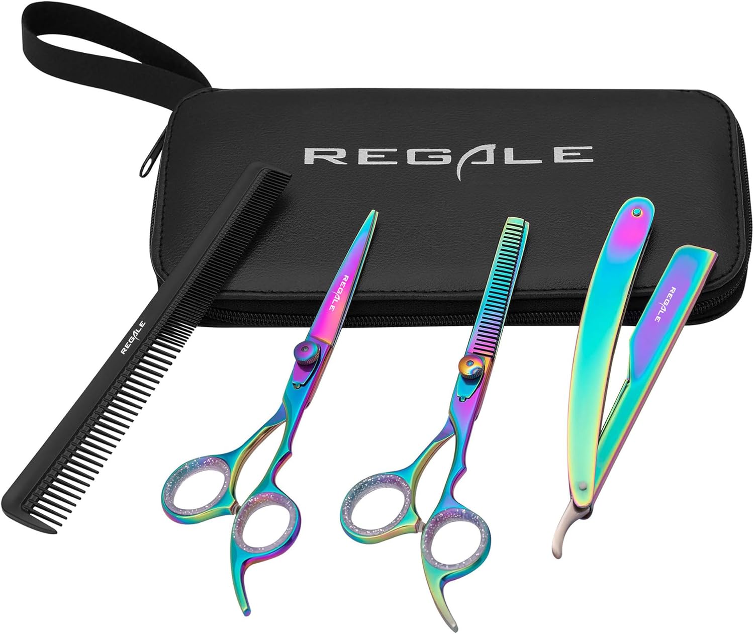Regale Fraizer Pro Rainbow Titanium Hair Cutting Set – Stainless Steel Scissors, Thinning Shears, Folding Razor & Zipper Case – Barber Salon Kit with Colorful Coated Blades