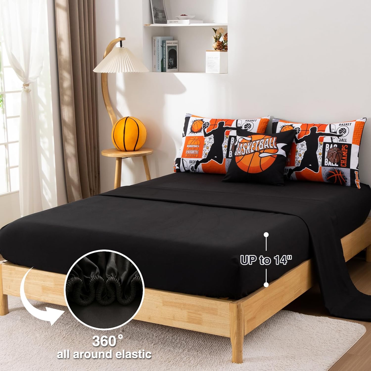 A Nice Night Sports Geometric Grid Baseketabll Patchwork Baskeball Printed for Boys Twin 6Pcs Bed in A Bag Comforter Bedding Set, Orange