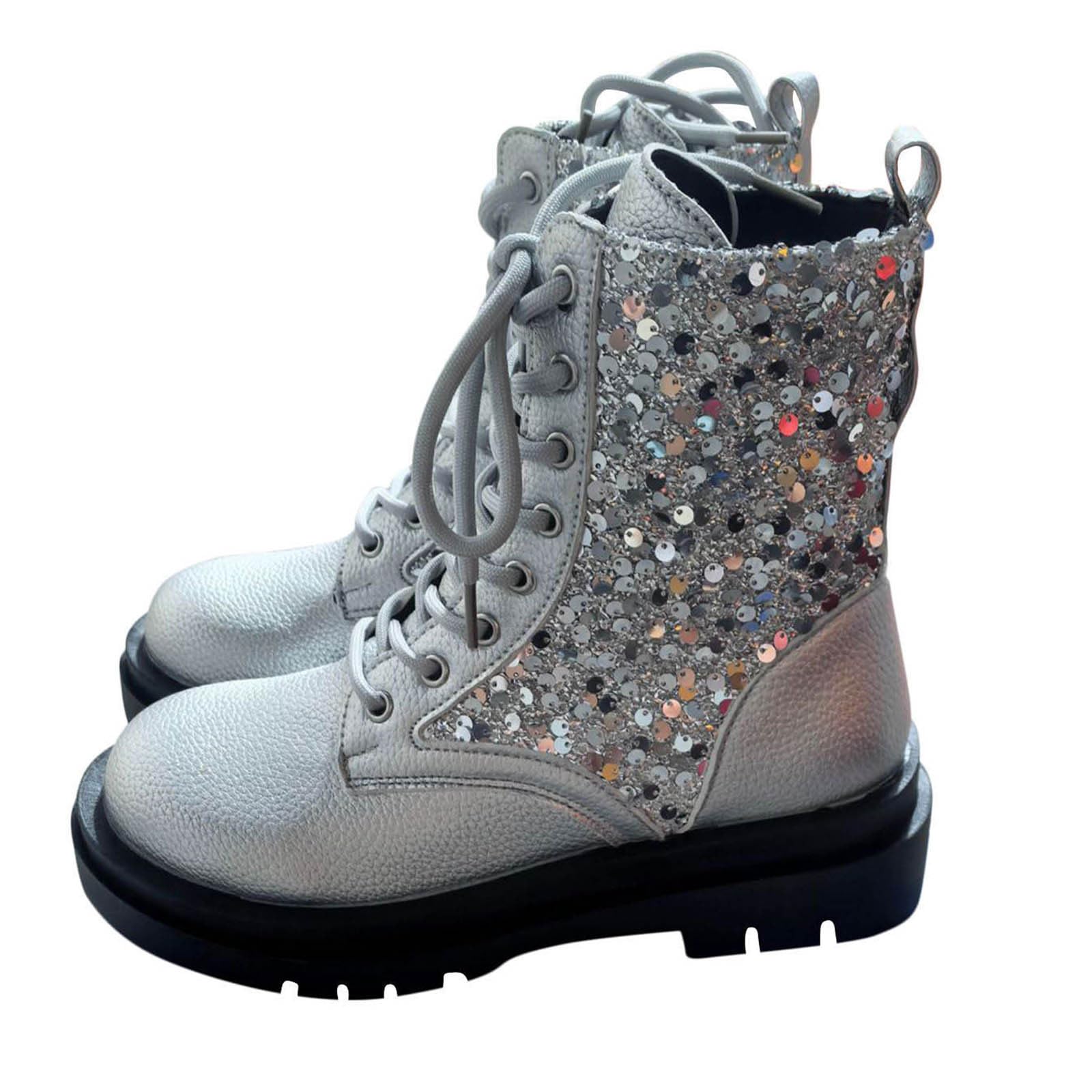 Sequin Glitter Ankle Boot British Style Sparkly Dress Boot Combat Shoes Chunky Heel Punk Party Dance Work with