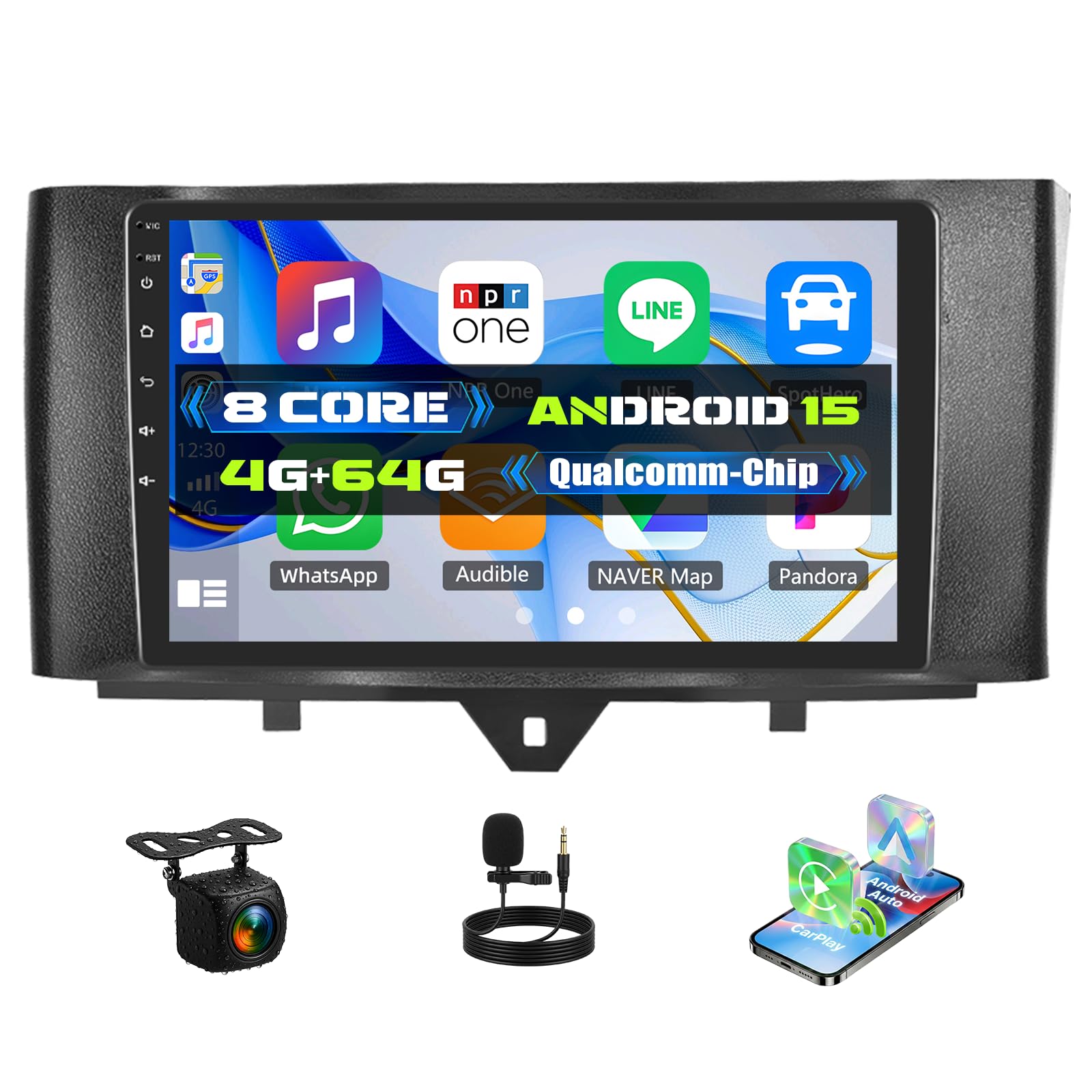 CAMECHO 4G+64G 8Core Qualcomm Android 15 Autoradio per Mercedes Benz Smart Fortwo W451 2011-2015 con Carplay Android Auto, Schermo Auto da 9 Pollici 2Din con GPS WIFI BT FM/RDS DSP SWC Retrocamera+MIC