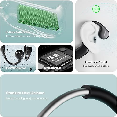 Miniatura 7 de Auriculares de conducción ósea, auriculares Bluetooth V6.0 de conducción ósea con micrófono, auriculares de oreja abierta 12 horas de reproducción,