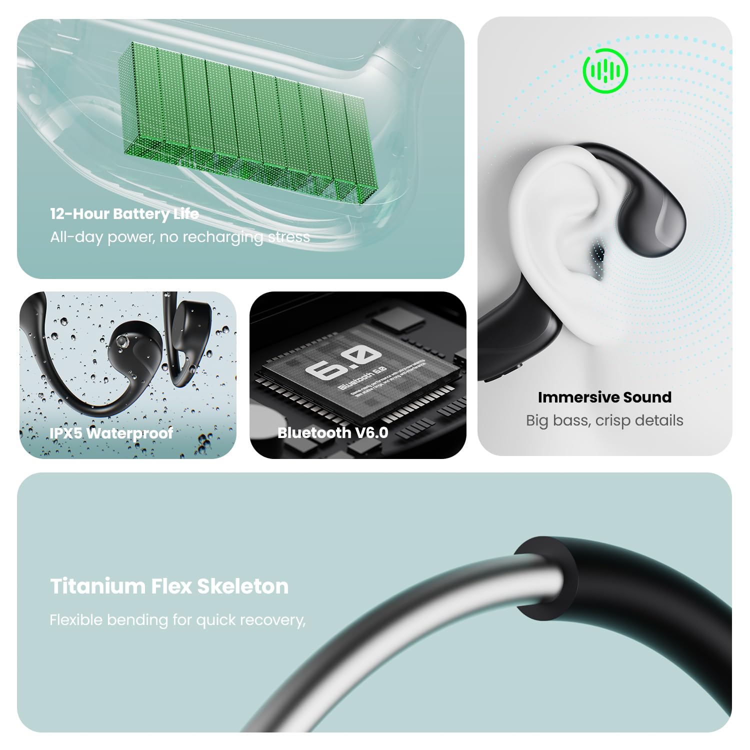 Cuffie a conduzione ossea, Bluetooth V6.0, auricolari a conduzione ossea con microfono, cuffie a orecchio aperto, 12 ore di autonomia, cuffie sportive wireless IPX5 impermeabili per corsa, passeggiate
