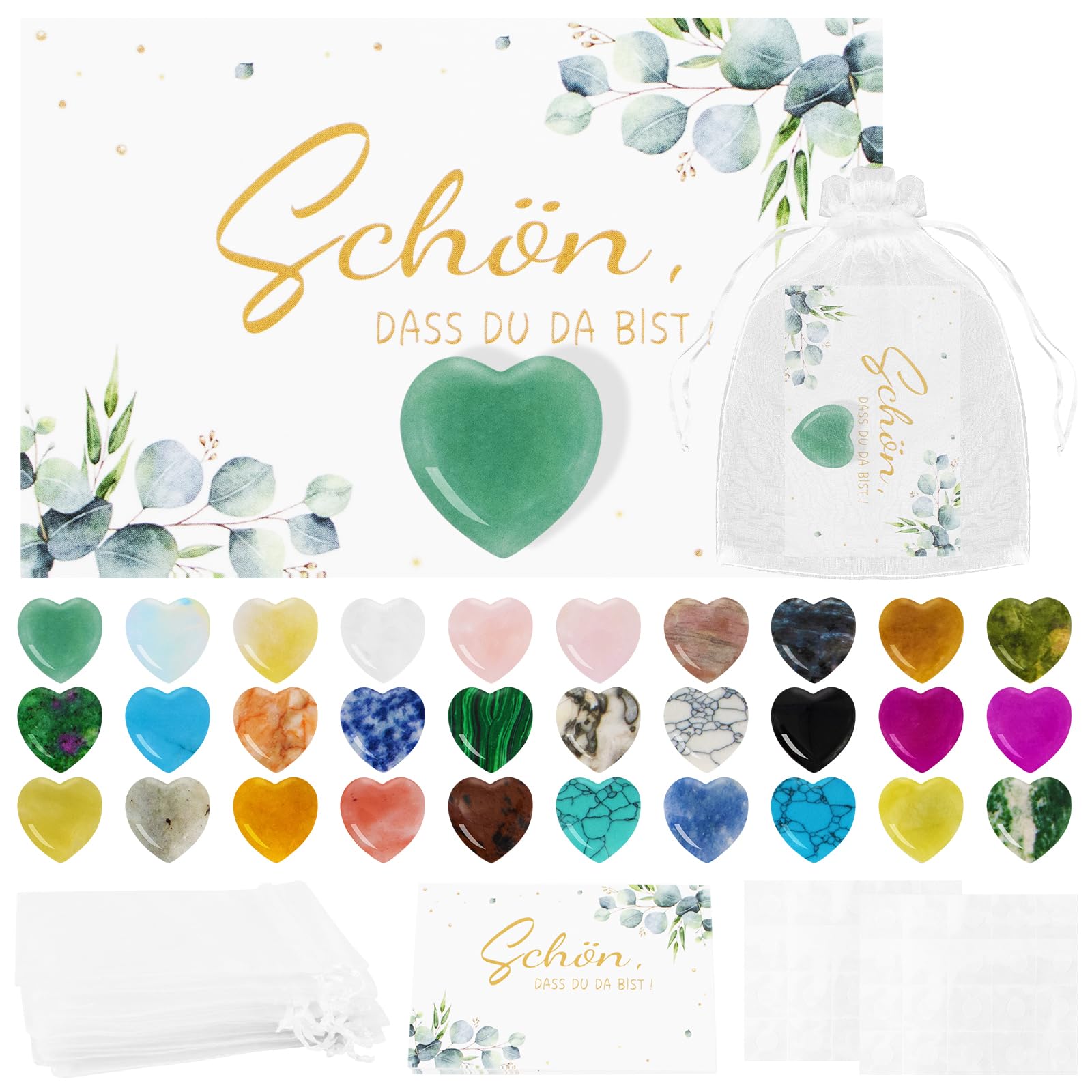 ZYNERY 30 Stück Herz Steine Gastgeschenk Hochzeit mit Karte im Organzasäckchen Schön dass du da bist Gastgeschenk Herzsteine für Hochzeit Gastgeschenke Taufe Kommunion