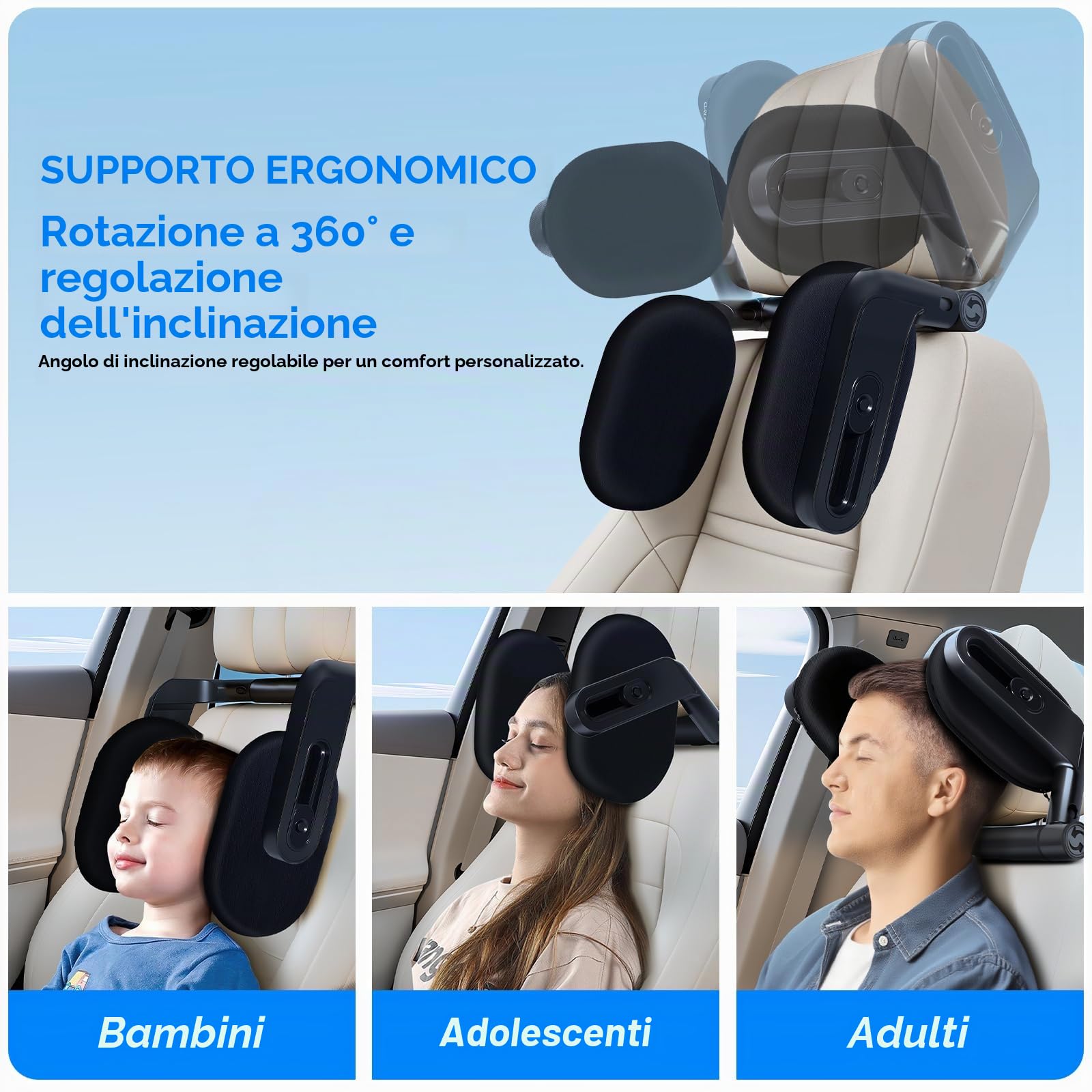 Poggiatesta Auto Bambini & Adulti | Poggia Testa Girevole 360° 2025 | Cuscino Memory Foam | Meccanismo 3 Punti | Per Dormire in Macchina (Nero/confezione da 1)