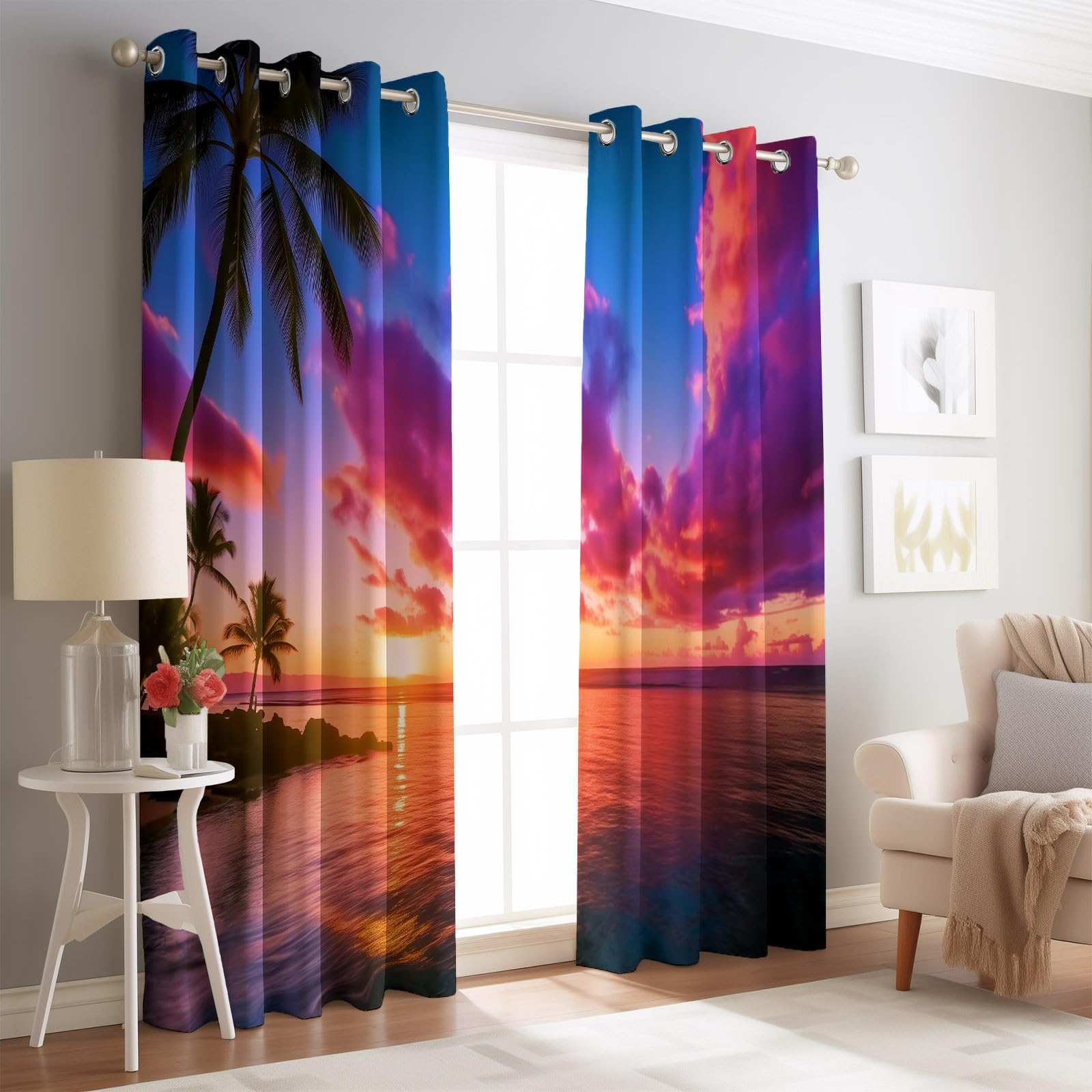 140L X 260H cm (2 Panneaux) Rideau Occultant Thermiques à Oeillets pour Chambre, Rose Orange Motif Paysage Plage Nuages Coucher De Soleil Rideaux Salon pour Chambre Enfant Fille Garcon Rideau