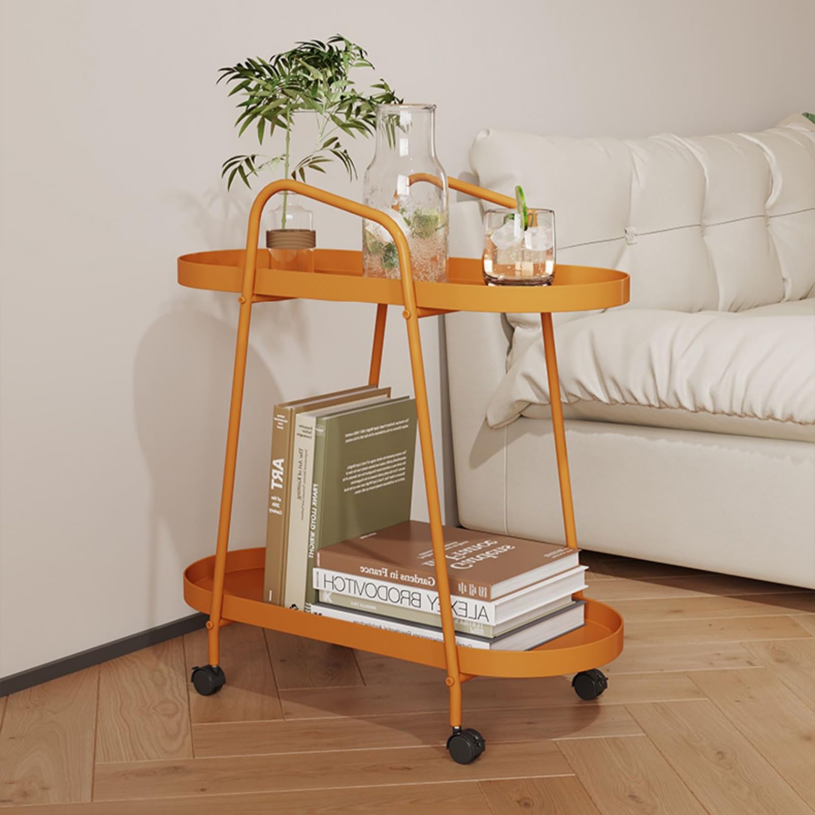 SXZenSpace Modern Mobile Side Table Double Layer Rolling End with Handrail Sofa Tables for Livingroom Bedroom(Orange)
