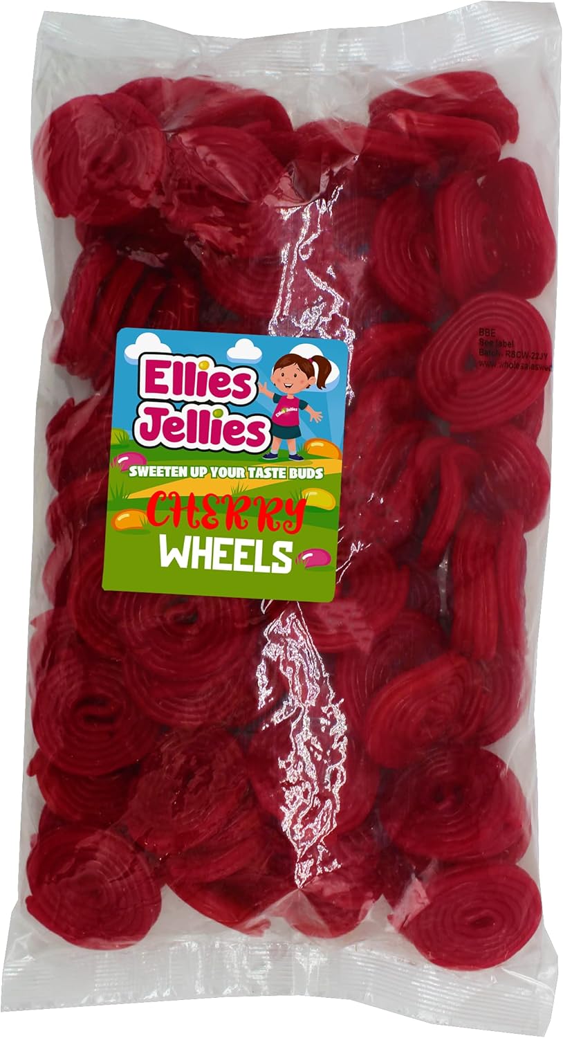 Ellies Jellies, Cherry Wheels,1kg Bag, Cherry Liquorice Flavour, Red