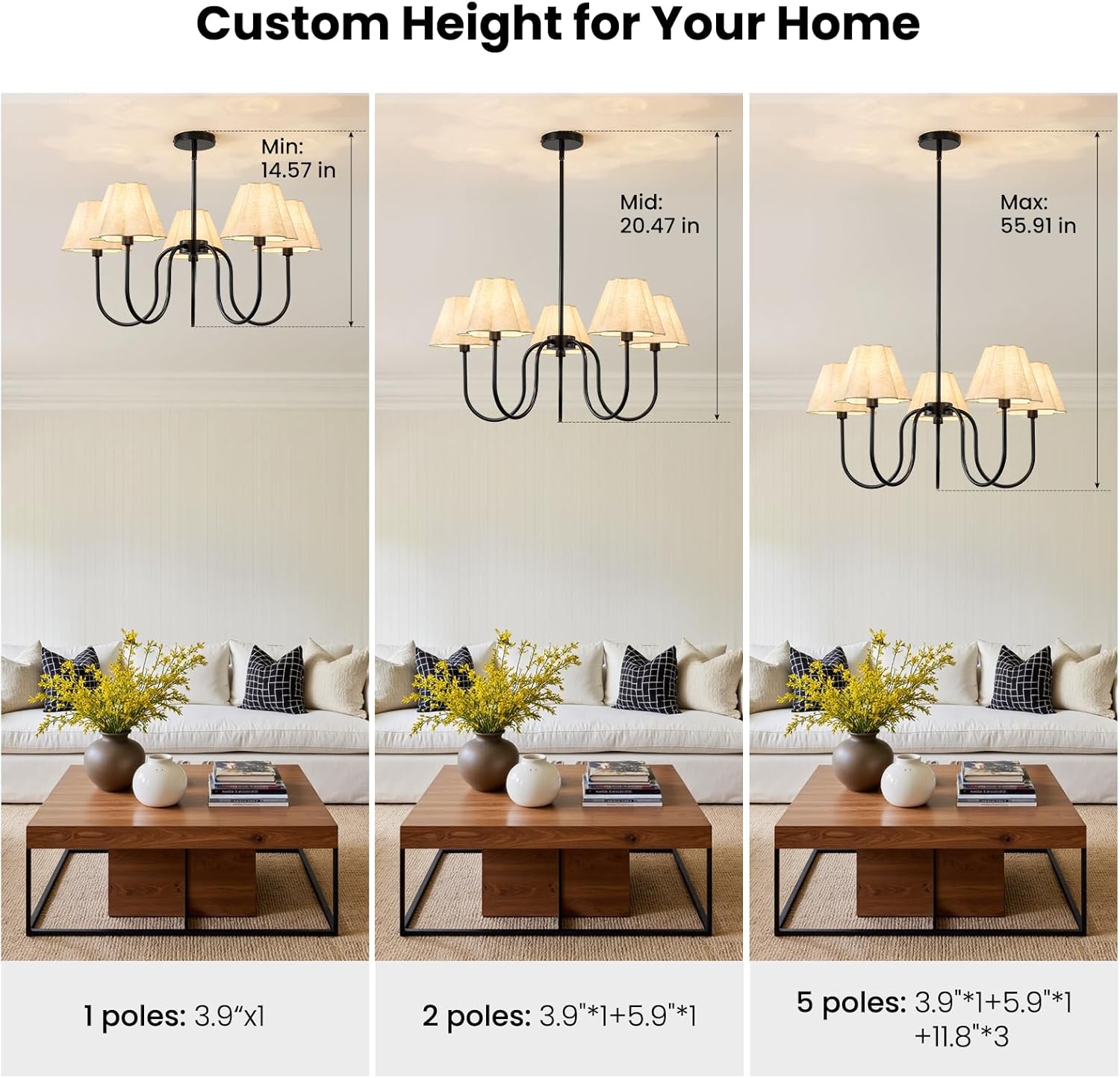 Modern 5-Light Black Chandelier, Large Fabric Shade Dining Room Light Fixture Over Table with Adjustable Downrods, Farmhouse Pendant Lighting for Kitchen Island Living Room Entryway