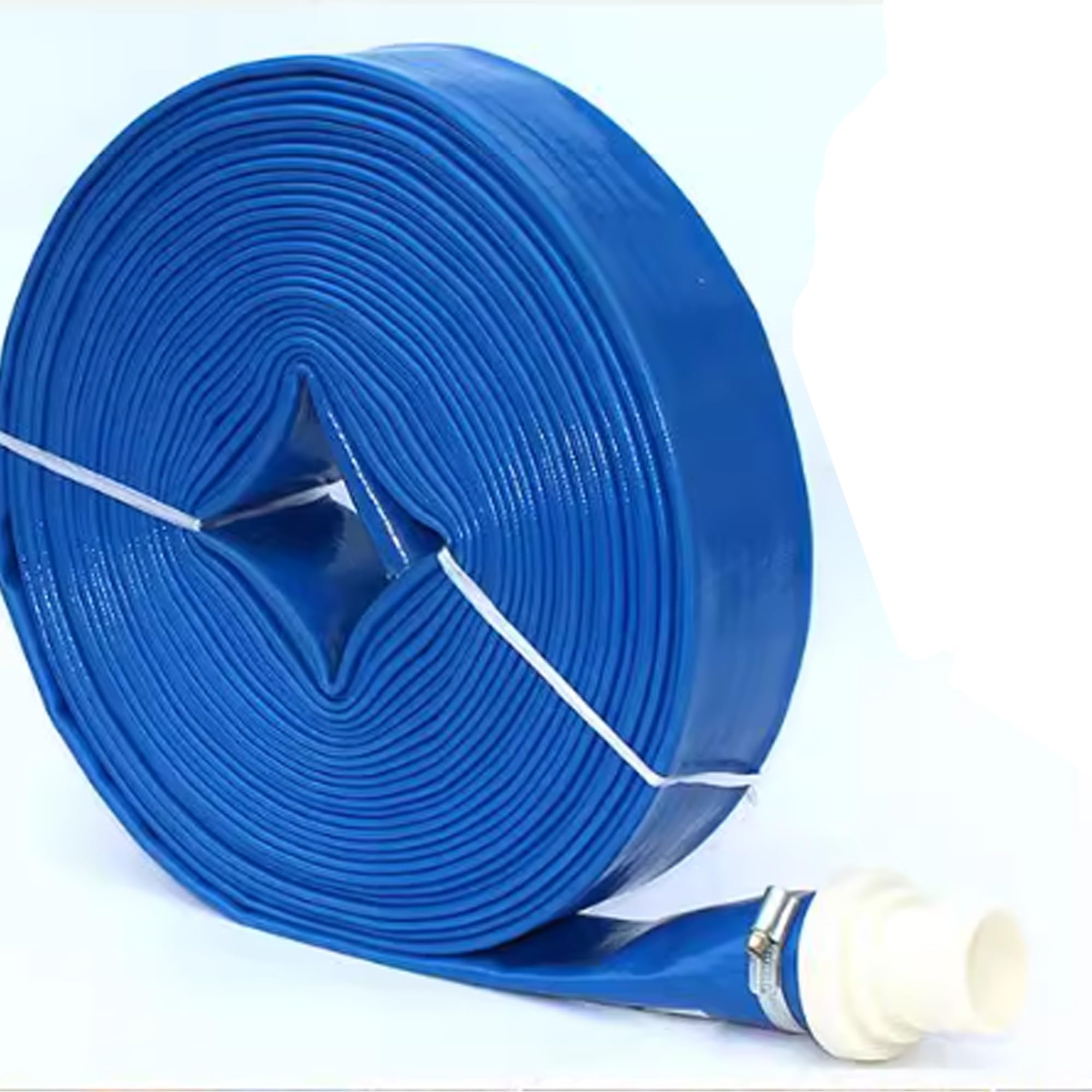 Manguera de descarga plana de PVC grueso, 164 pies x 1 pulgada, para aplicaciones de transferencia de agua, lavado a contracorriente y drenaje, manguera plana reforzada azul