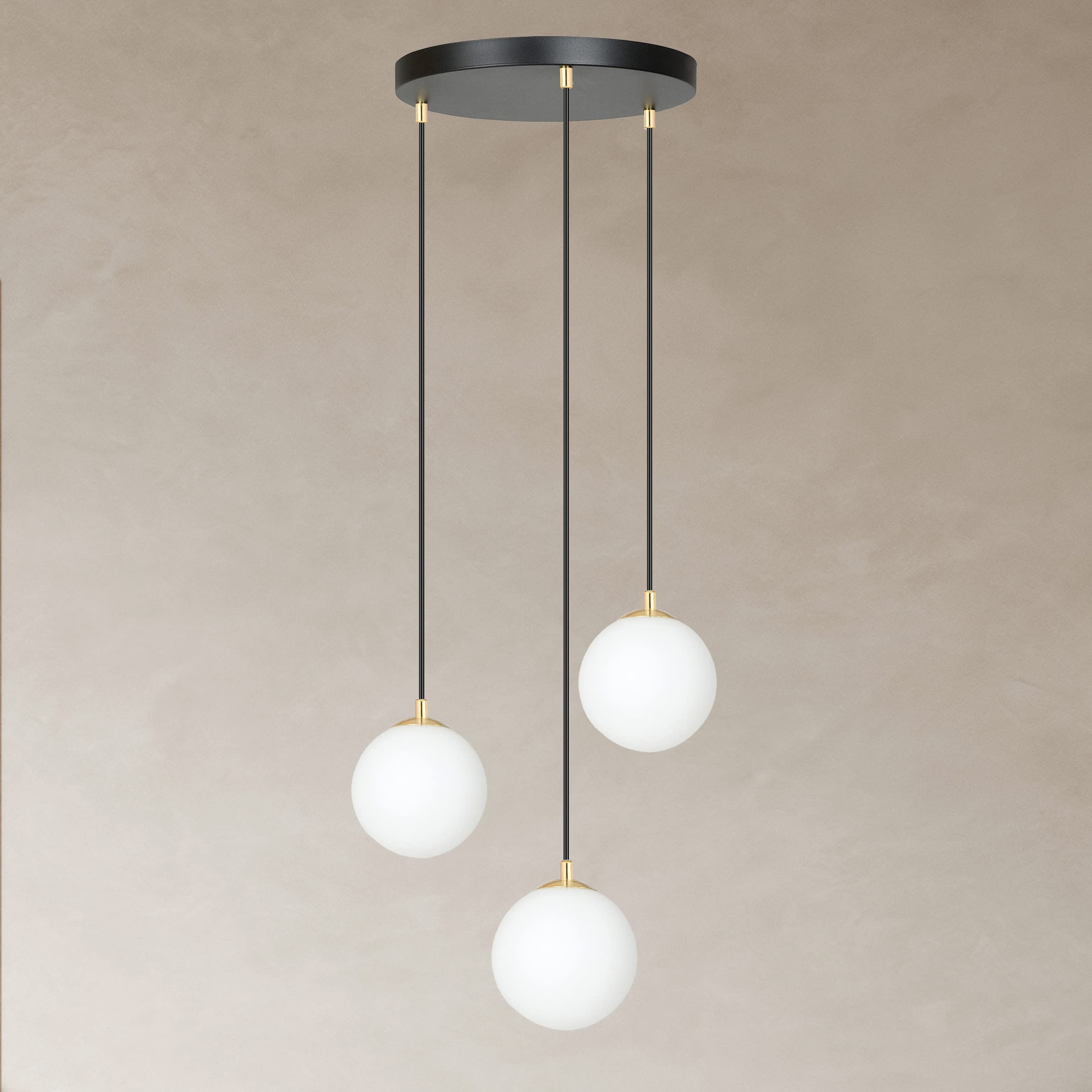 Suspensión Contemporánea Royal 3 Luces Acero Negro/Oro Bolas Cristal Blanco