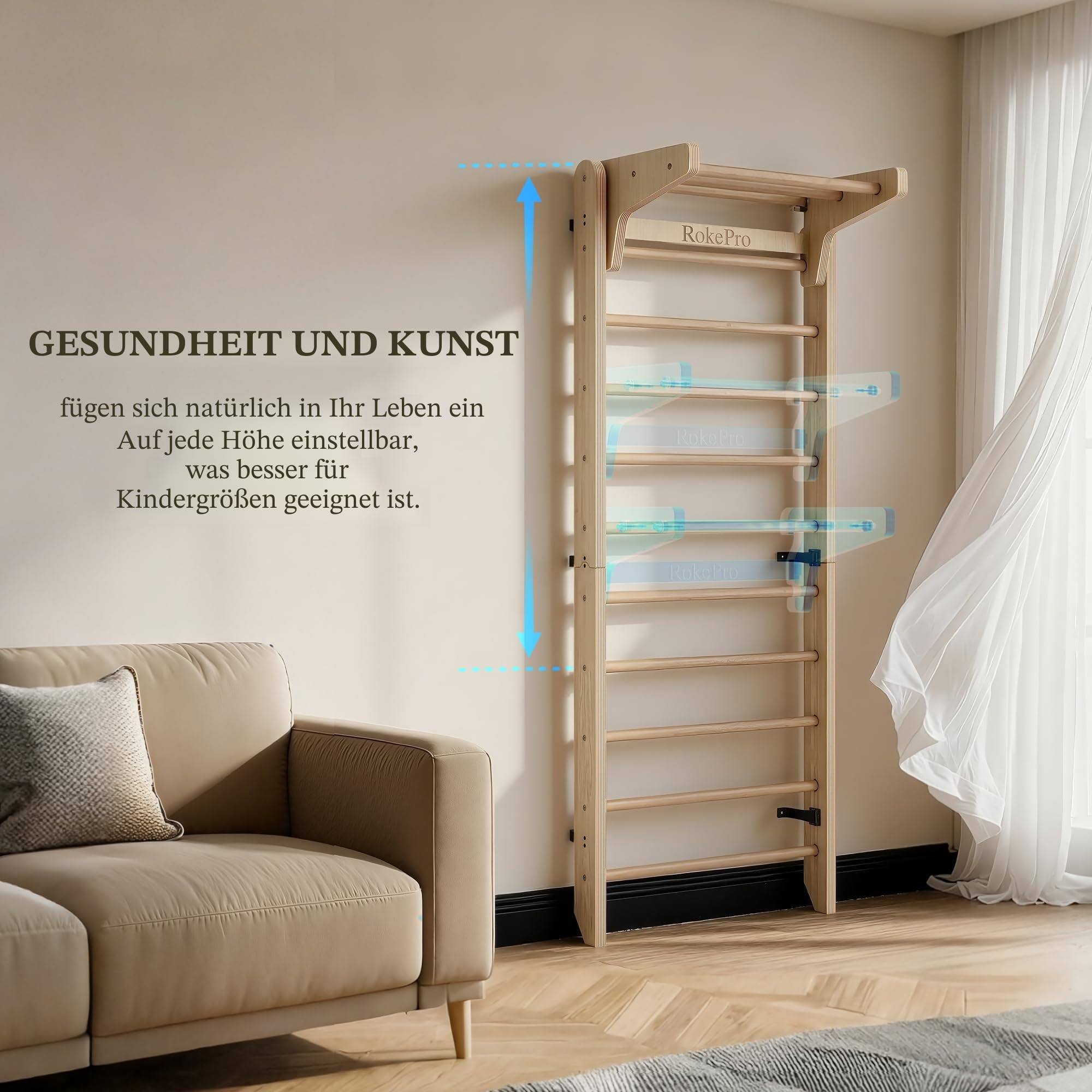 Multifunktionale Schwedenleiter, Wandmontage, Holz-Gymnastikstange, Indoor-Heim-Fitness-Studio für Kinder und Erwachsene