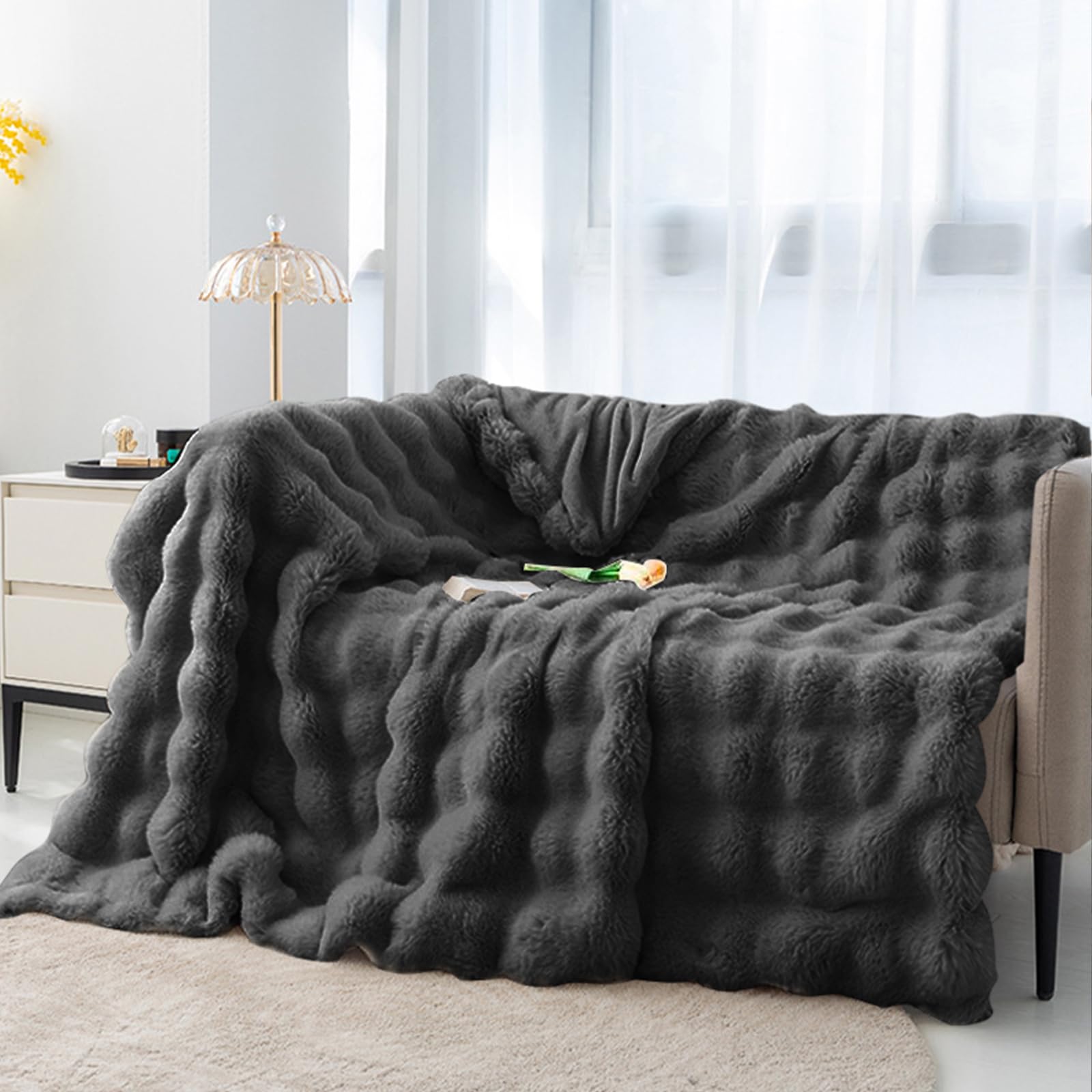 Alongen Women's Dark Gray Throw Blanket - 51×63In Soft Cozy Blanket, Super Comfort Oversized Warm Thick Bubble Plush Rabbit Faux Fur Throw Blanket,Light Weight Fleece Warm Throw Blanket For Bed (Dark Gray)