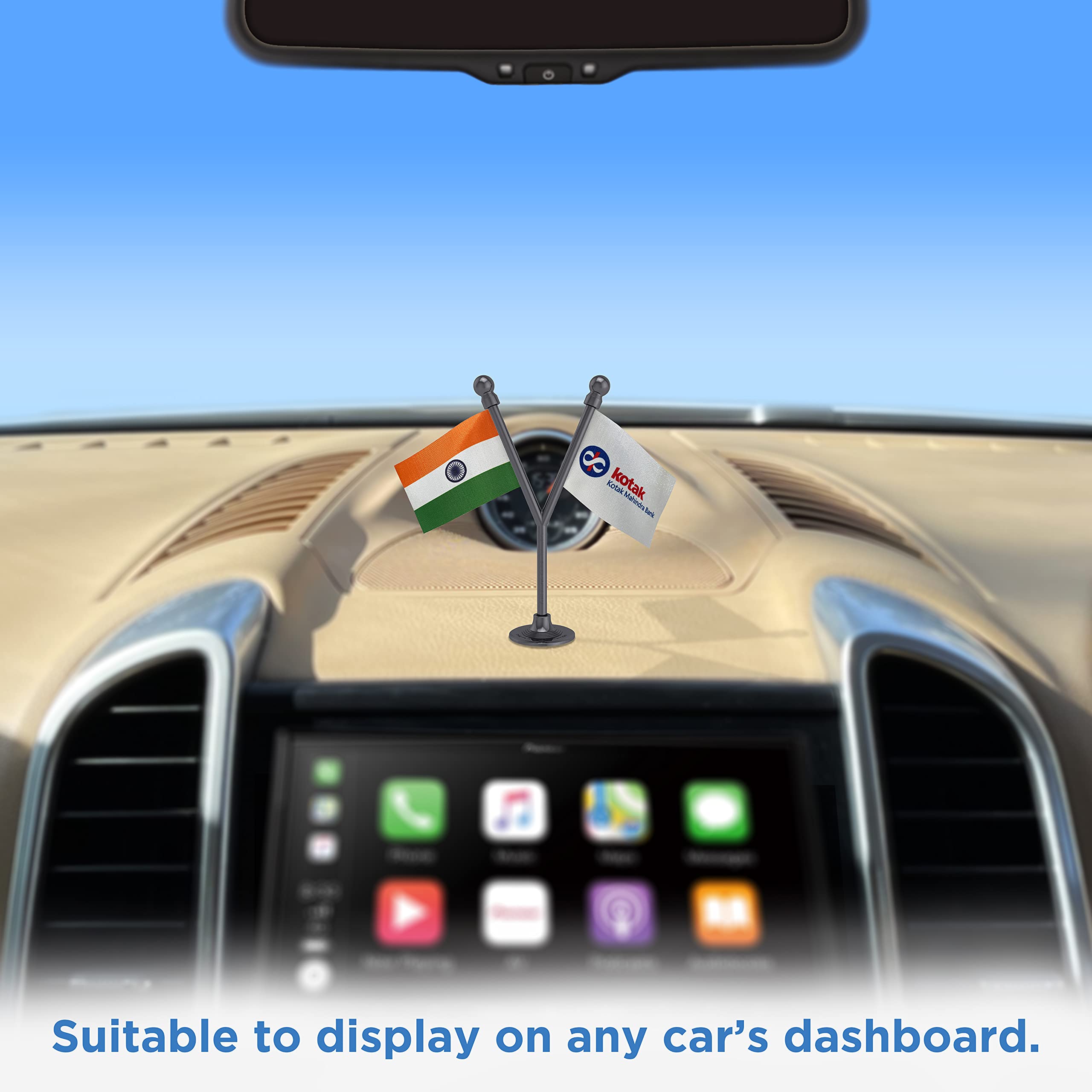 The Flag Corporation India & Kotak Mahindra Bank Car Dashboard Flag 2in x 3in with A Plastic Dark Knight Grey Base 1