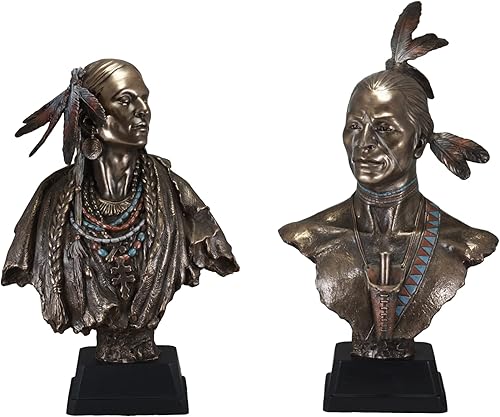 Ebros Gift Juego de 2 estatuas tribales de 21 pulgadas de alto indio guerrero y princesa con tocado de plumas de águila con pedestales de exhibición