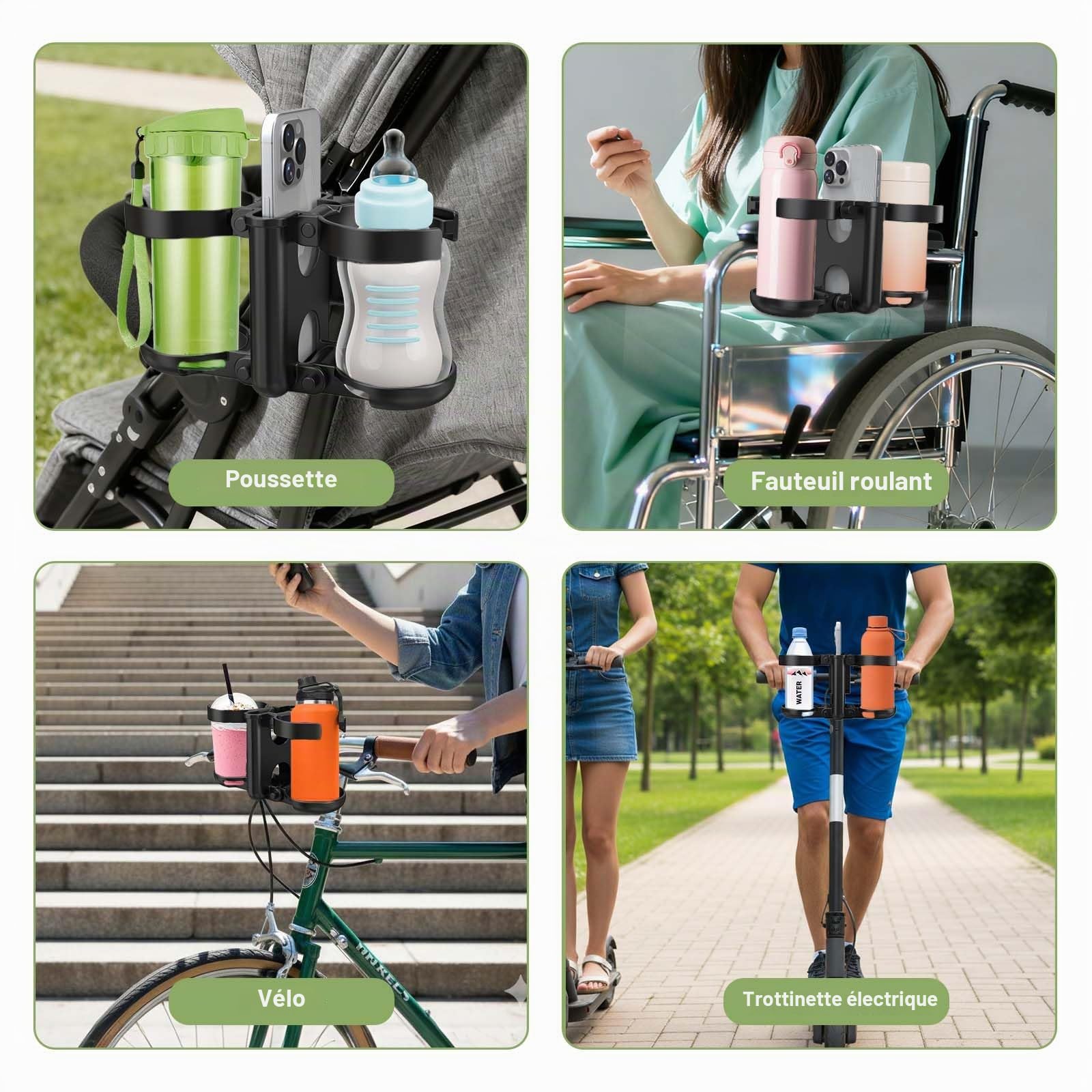 ZealSound Porte Gobelet Pliable 3 en 1 pour Poussette avec Support Téléphone, Double Porte Bouteille, Rotation 360°, Porte-Gobelet Universel pour Poussette, Buggy, Landau, Fauteuil Roulant