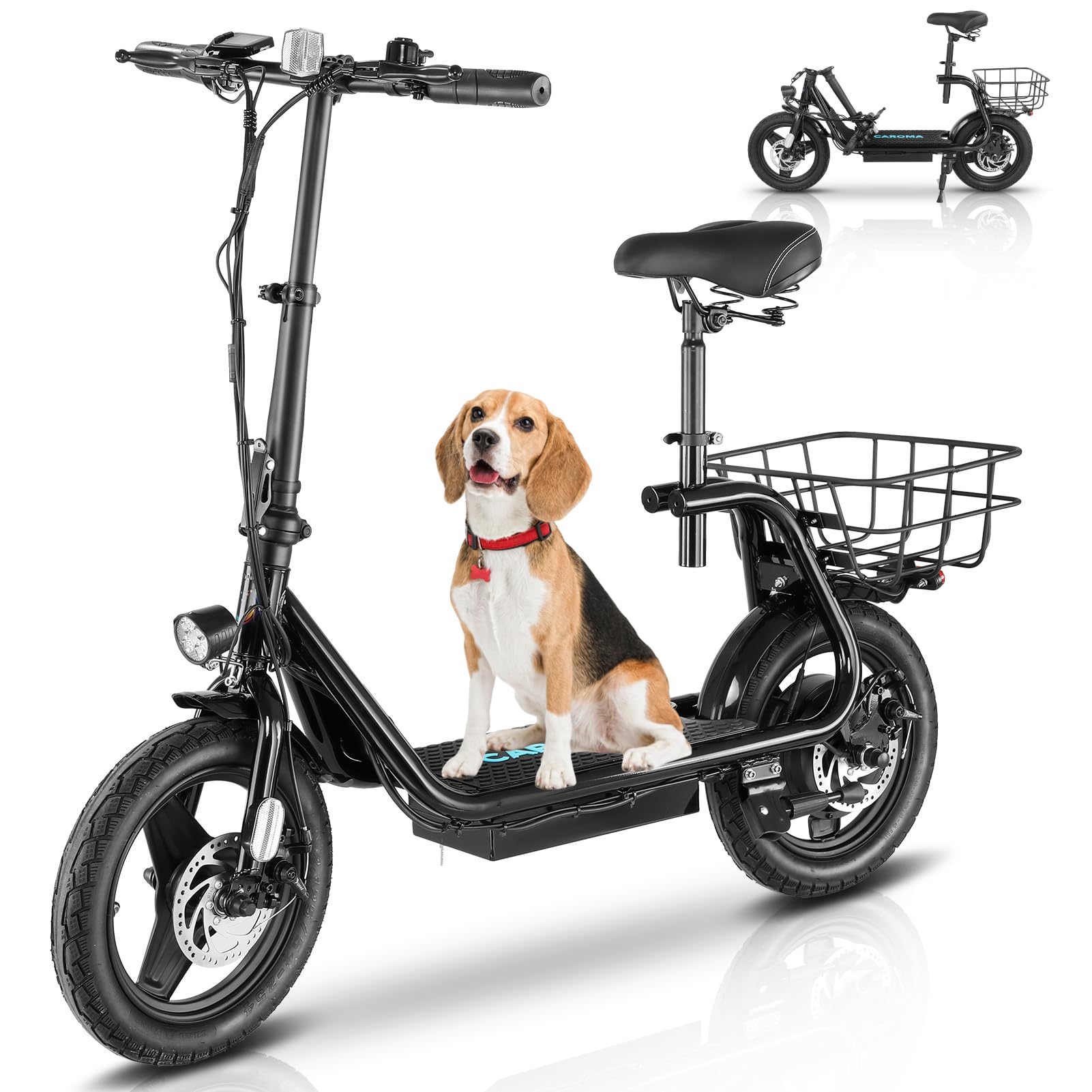Caroma Electric Scooter with Seat for Adults, Max 30Miles Ranges&20Mph, 500/800/1200W Motor, 14" Fat Tire Foldable Commuter E-Scooter with Basket for Pets & Cargo, 300lbs Max Load