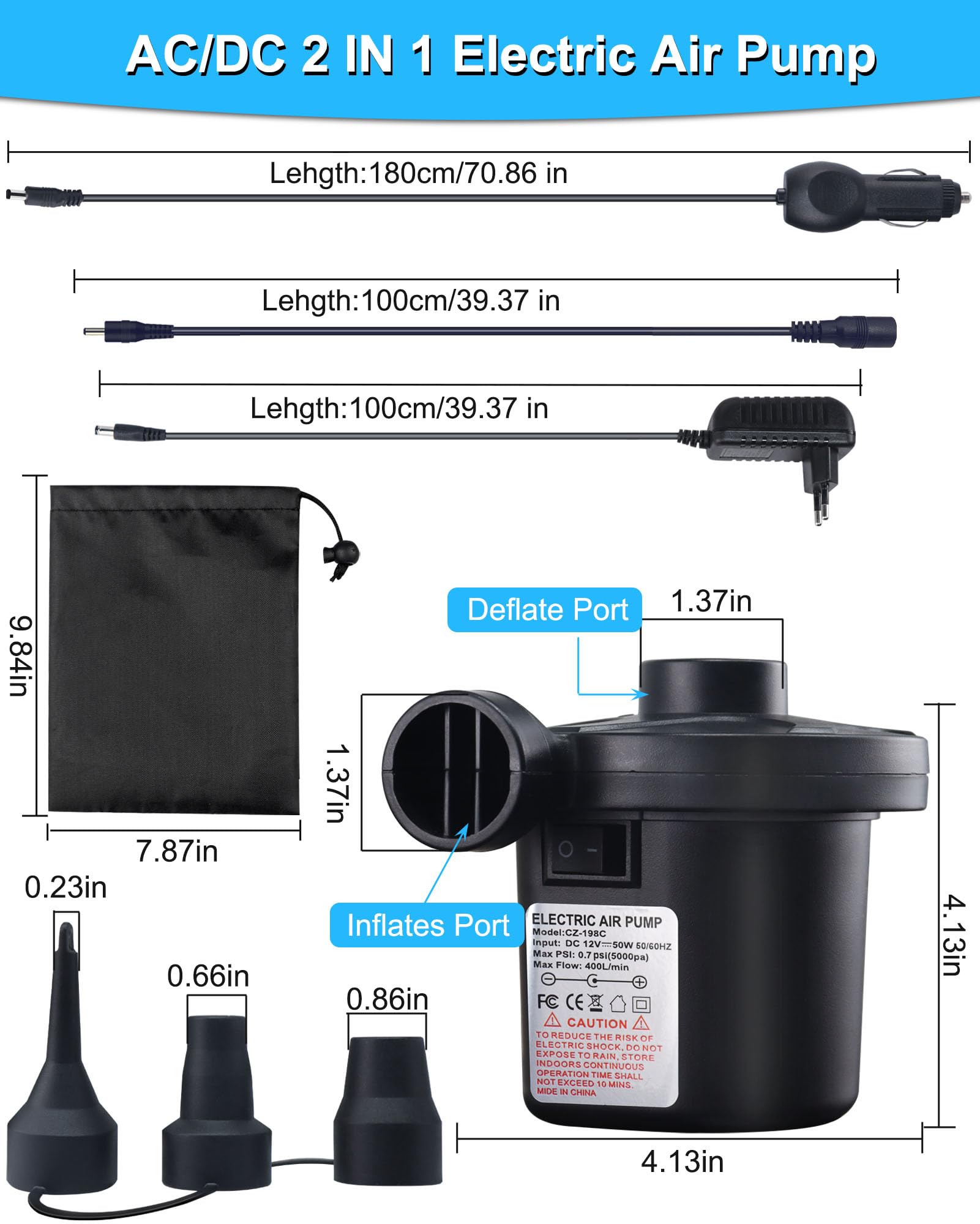 Pompa ad aria elettrica, pompa ad aria per materasso ad aria 2 in 1, pompa elettrica gonfiabile e scarico, pompa ad aria portatile elettrica per materasso, piscina, materasso ad aria, anello di nuoto