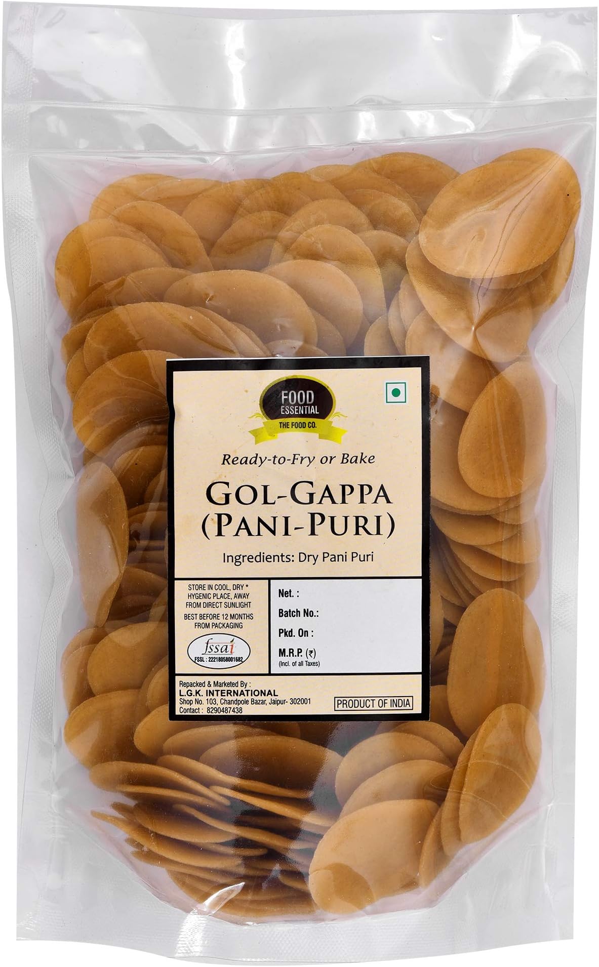Food Essential Ready-to-Fry Dry GOL Gappa (Pani Puris) 200 gm.