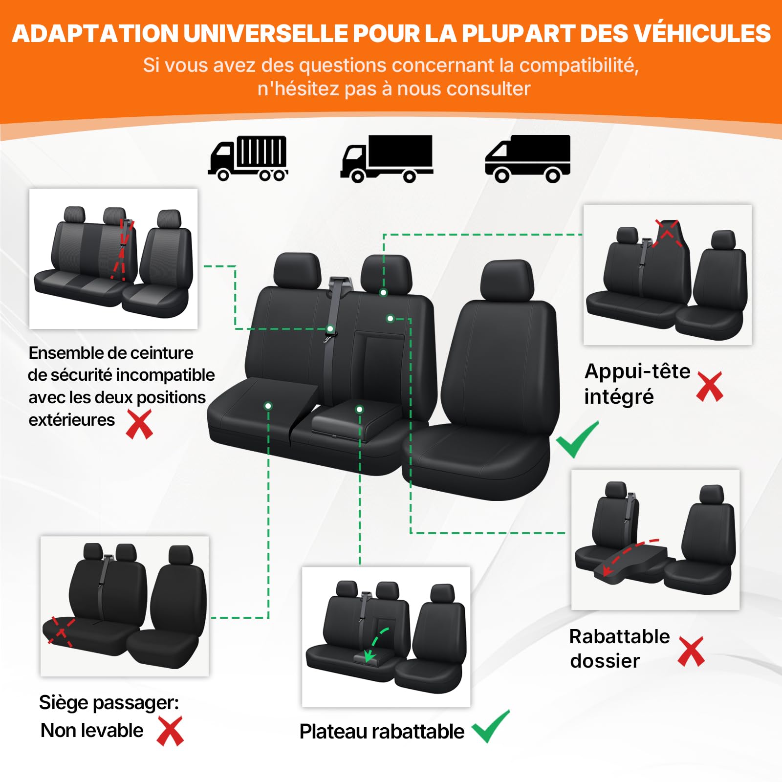 TOYOUN Housses de siège pour camionnettes, camions, universelles pour sièges Simples et Doubles – Sièges Simples et Doubles – Sièges en Cuir synthétique et Maille Filet – Noir et Gris, LHD