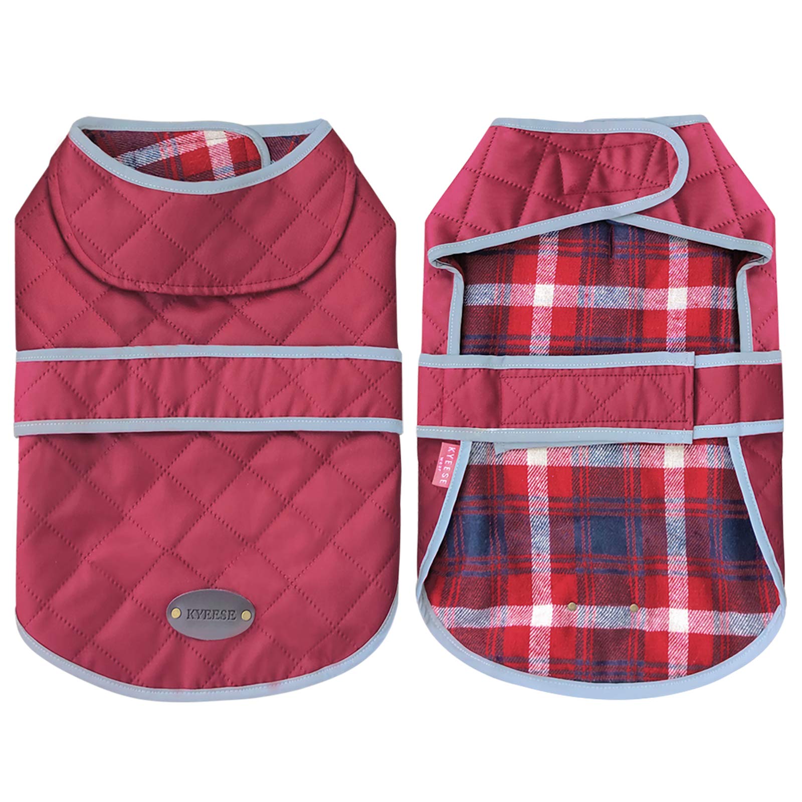 KYEESE Dog Coats Plaid Waterproof Windproof Quilted Dog Cold Weather Coat Reflective Strip with Leash Hole Size Adjustable Dog Jacket