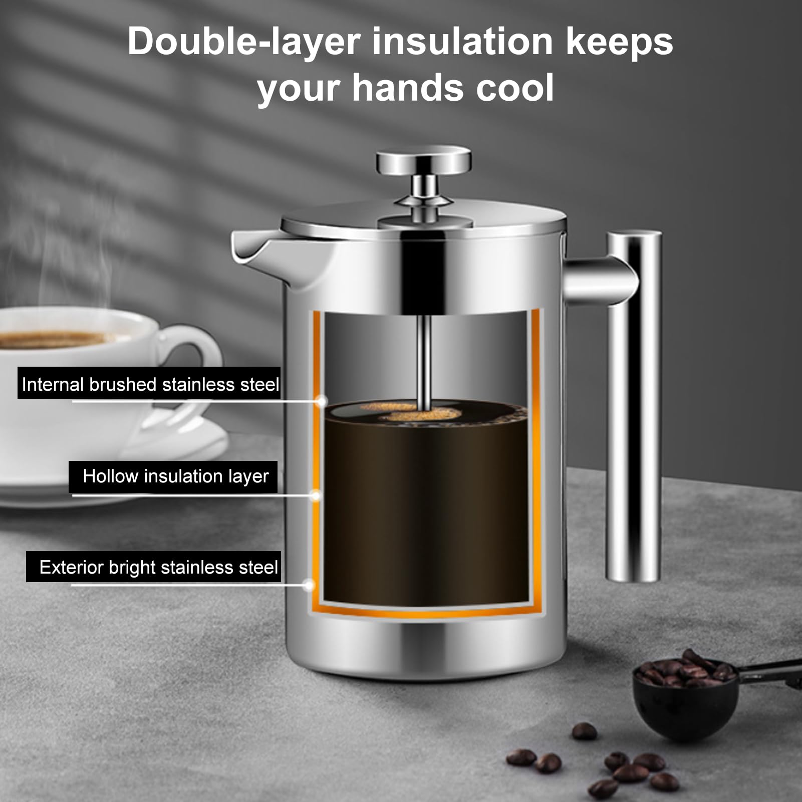 Cafetera de prensa francesa de 350 ml, cafetera de acero inoxidable 304 con aislamiento de doble pared, sistema de triple filtración para una preparación óptima, ideal para el hogar, oficina