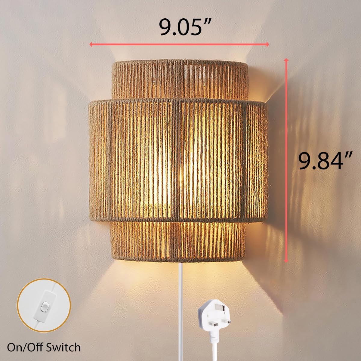 Wandleuchte Innen mit Schalter, E27 Boho Vintage Rattan Wandlampe mit Stecker Kabel, UP & Down Beleuchtung Nachttischlampe Handgewebter Rustikal Rattan Bambus Dekolampe für Wohnzimmer Schlafzimmer