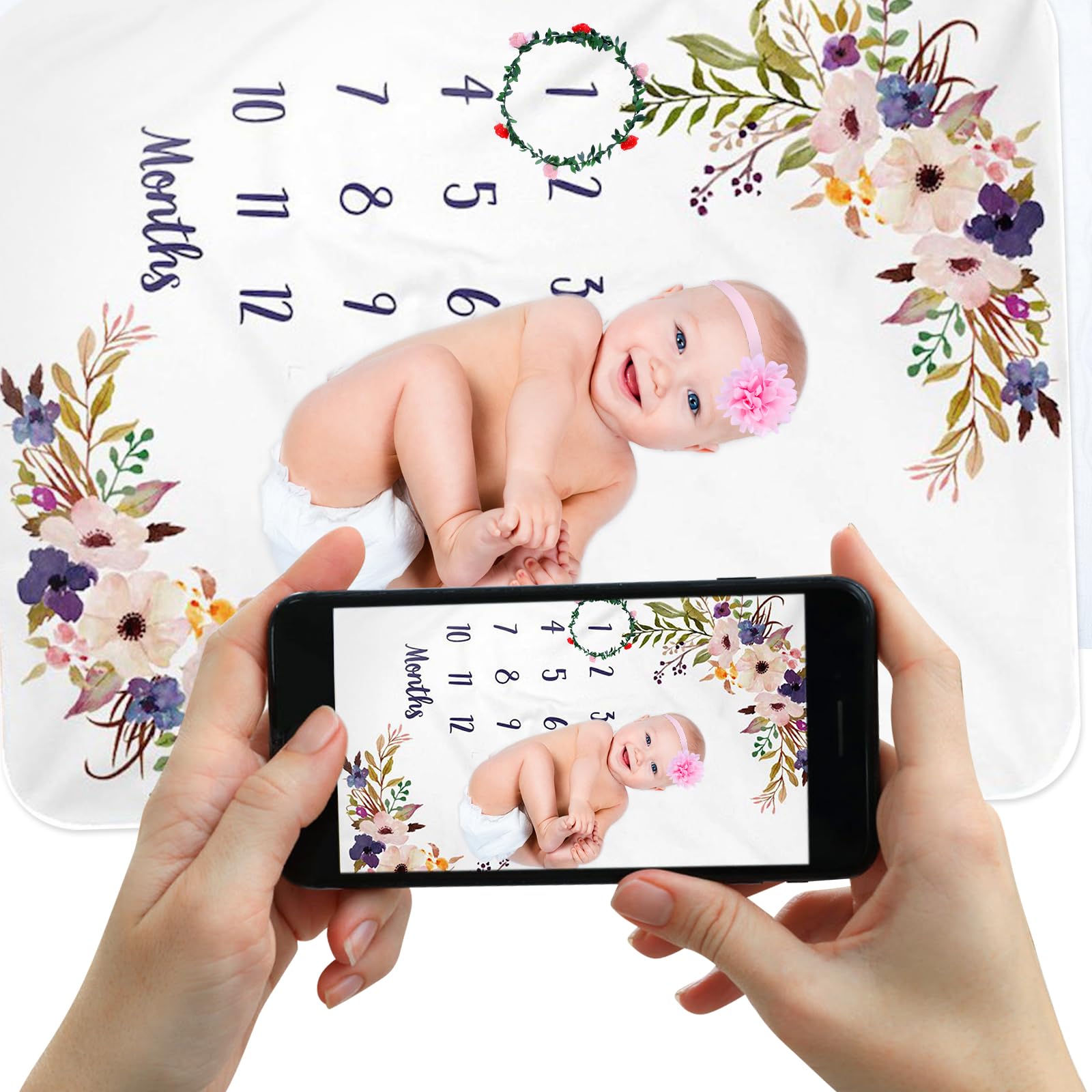 BYZESTY Manta para bebé con estampado floral, manta de hitos para bebé, manta mensual, manta para bebé niño y niña, manta para bebé con mes como regalo para nacimiento, 130 x 100 cm