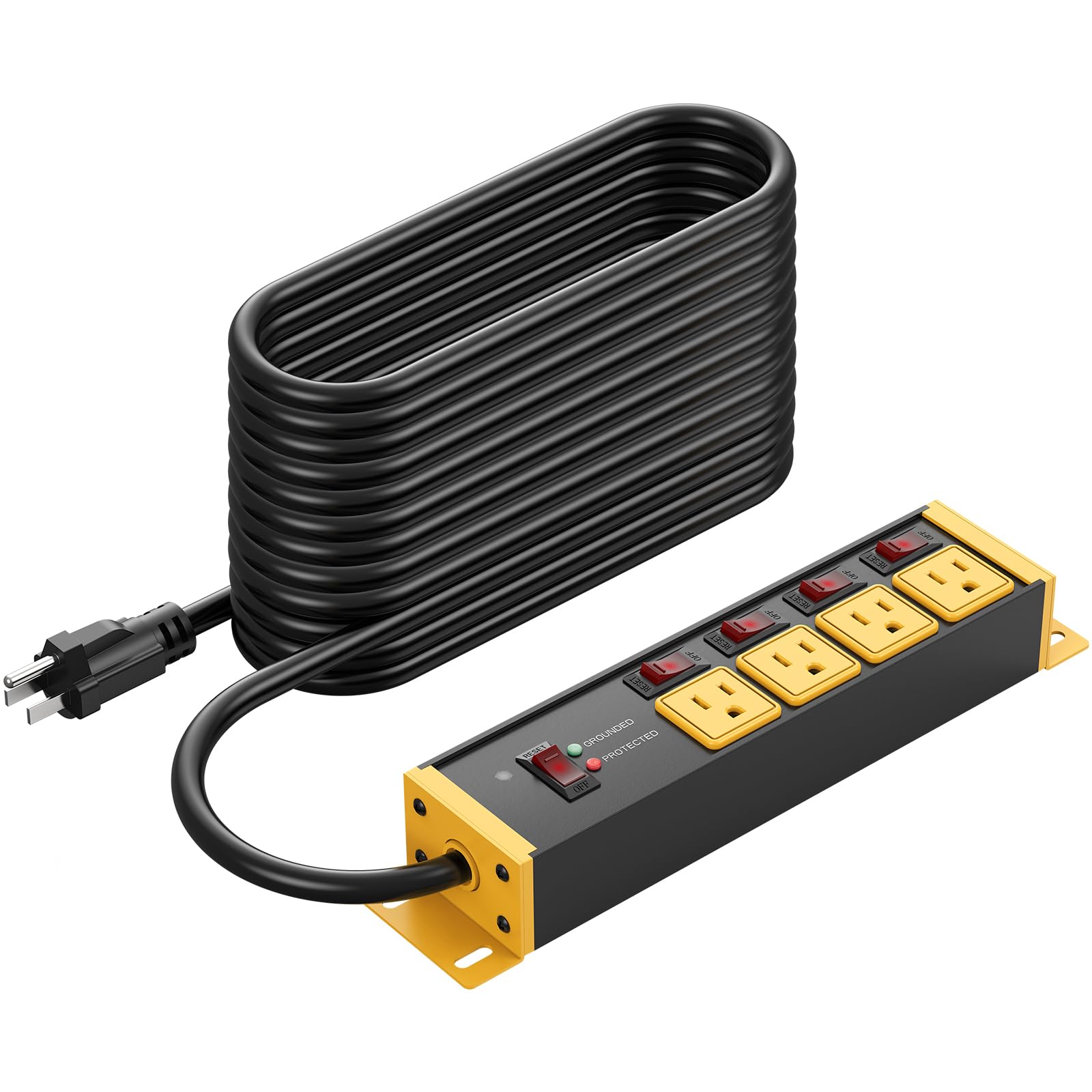 Photo 1 of CCCEI 12 Gauge Outdoor Long Extension Cord with Multiple Outlets, 20 Amp Individual Switches Heavy Duty Surge Protector Power Strip, Garage Wall Mount Outlet Extender. 100 FT, Yellow.