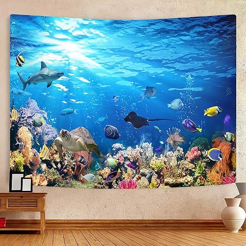 Miniatura 4 de Emwnodti Tapiz de mundo de olas oceánicas azules, tapiz para colgar en la pared, vida marina y arrecife de coral para la educación de los niños,