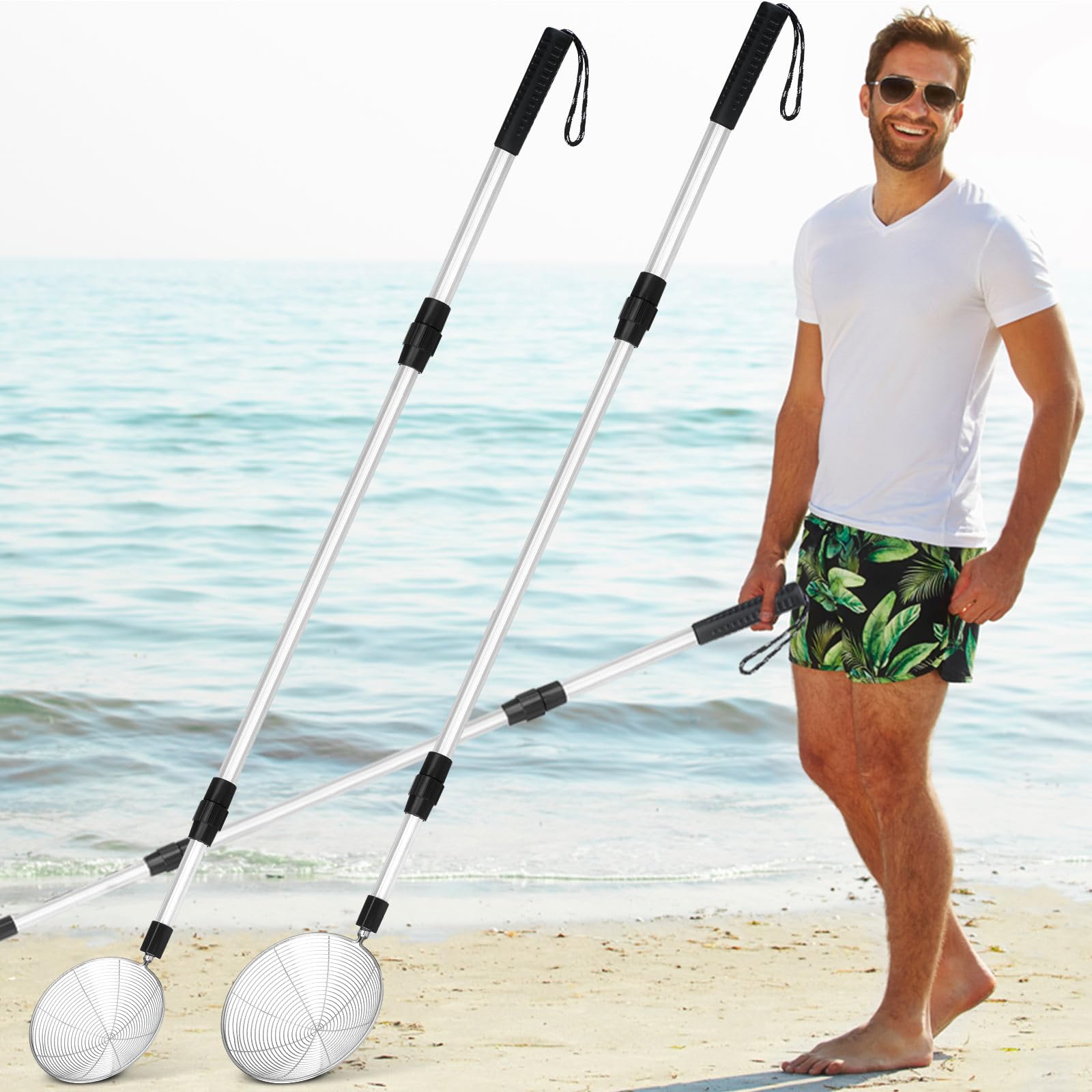 2 pala da spiaggia regolabile da 34,65 a 63,98 pollici setaccio per sabbia per la pala da sabbia da spiaggia include cestino da 11,4 e 15,5 cm, strumento affidabile per setacciare la