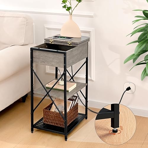 Miniatura 6 de Livofloral Mesa auxiliar estrecha con estación de carga, mesa auxiliar gris con 3 puertos USB y 2 salidas de CA, mesa auxiliar abatible con