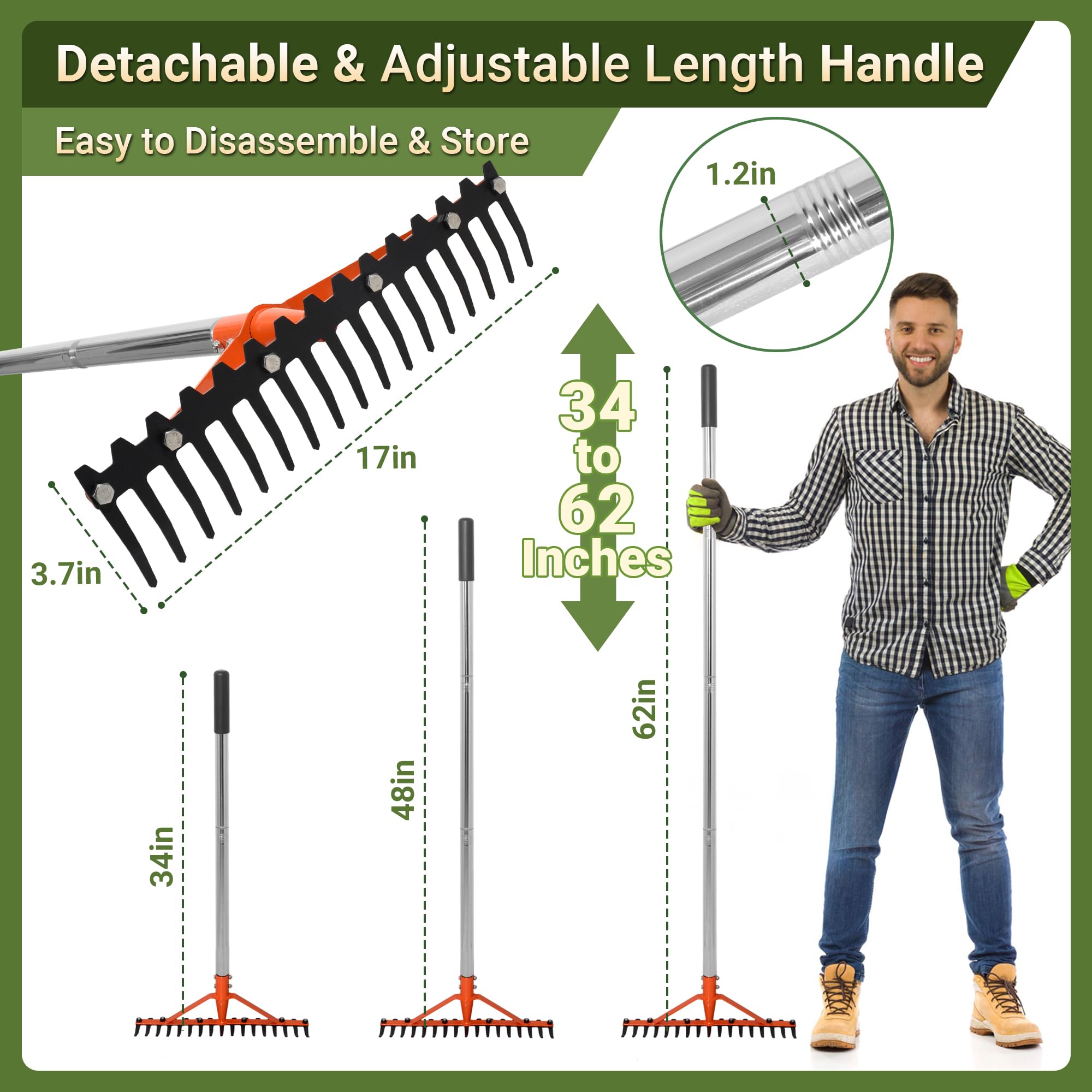 Rastrello da giardino con 17 denti in acciaio a molla, rastrello resistente per prati con manico lungo regolabile in acciaio inox da 157 cm, per allentare il terreno e il lavoro in cortile