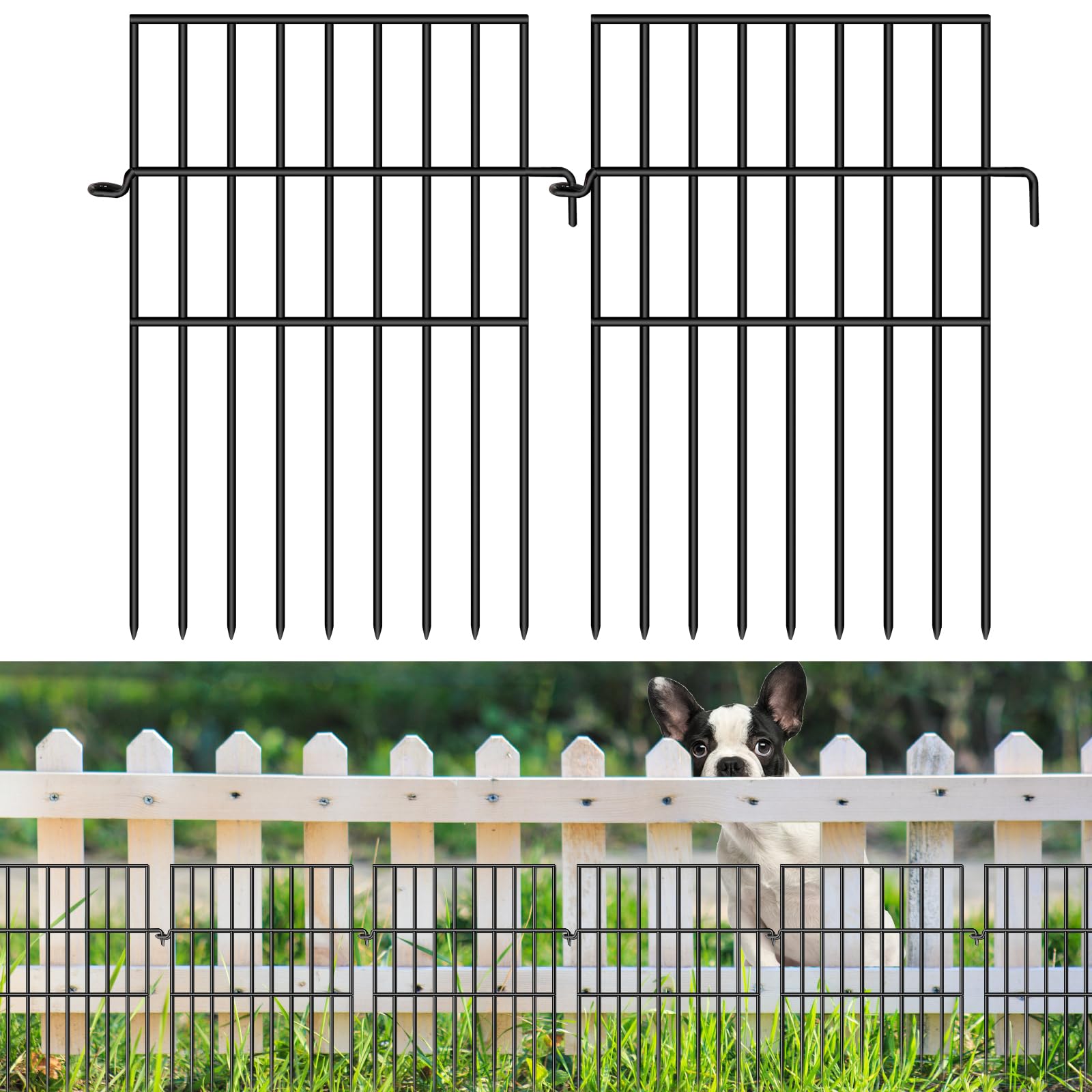 FOKEP 10 Panels Garden Fence Animal Barrier, 17in (H) X 10.8ft (L) No Diging Dog Fence Border, 1.25in Spike Spacing Rustproof Metal Decorative Fences Blocker for Outdoor, Yard, Patio