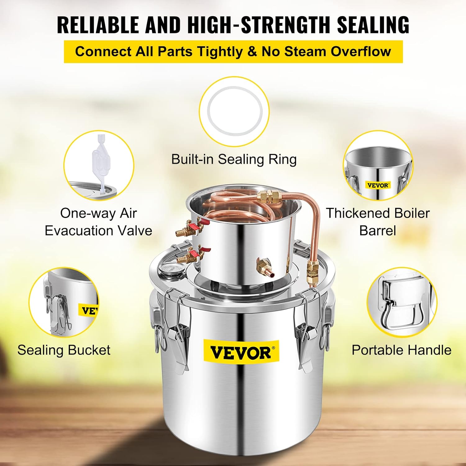 Close-up of the VEVOR Alcohol Still showing sealing buckles and silicone gasket