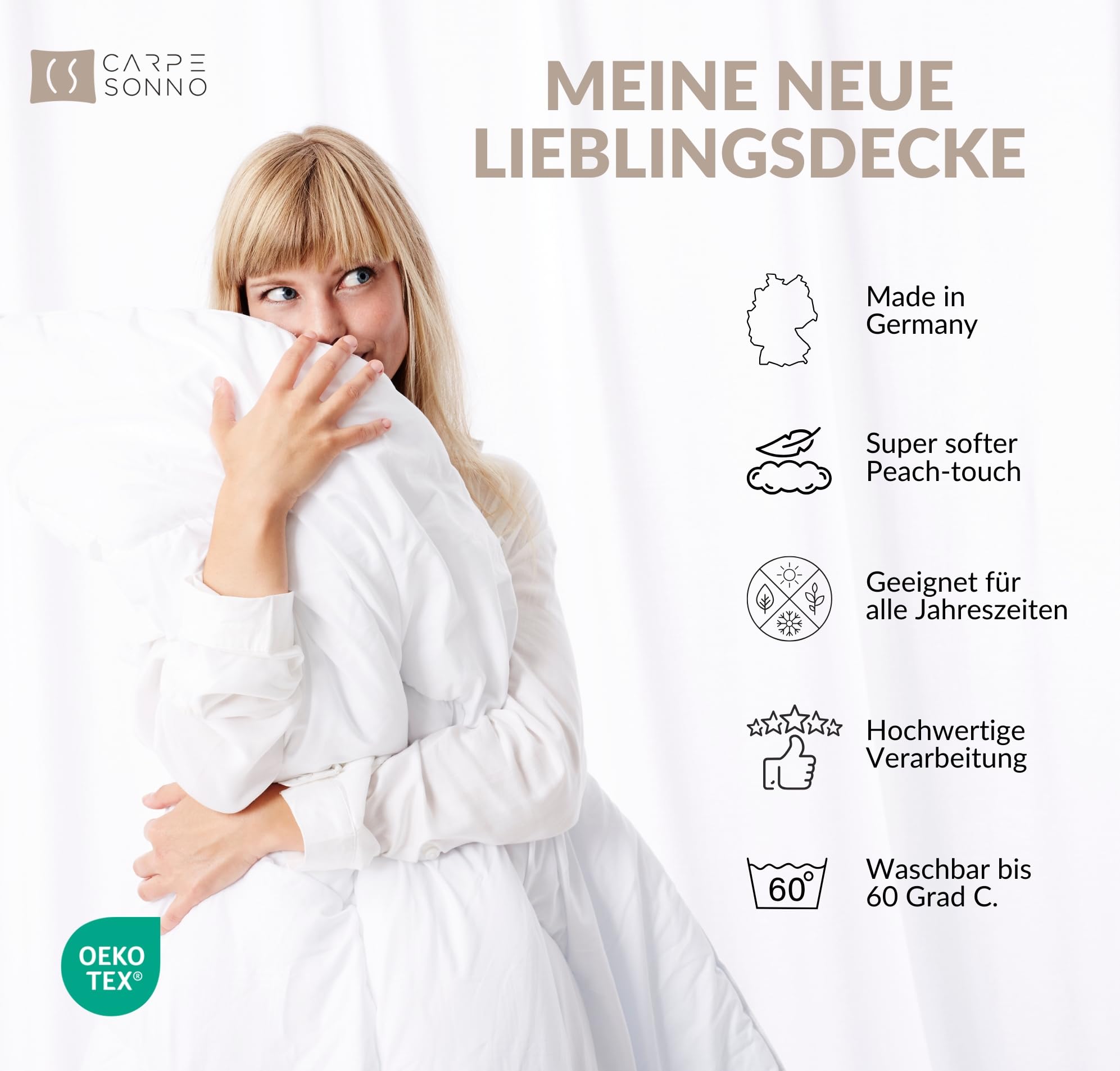 Carpe Sonno 4 Jahreszeiten Bettdecke 200x220cm [Made in Germany] 3-in-1 Bettdecke für Sommer & Winter | Atmungsaktive Winterdecke und Sommerdecke | Steppdecke 200x220 | Ganzjahresdecke