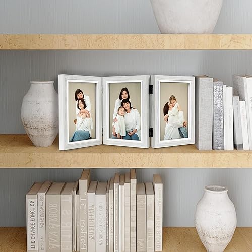 Miniatura 2 de Marco de fotos blanco de 5 x 7 pulgadas, marco de collage de tres fotos, marco plegable triple con bisagras para escritorio de mesa, regalo para