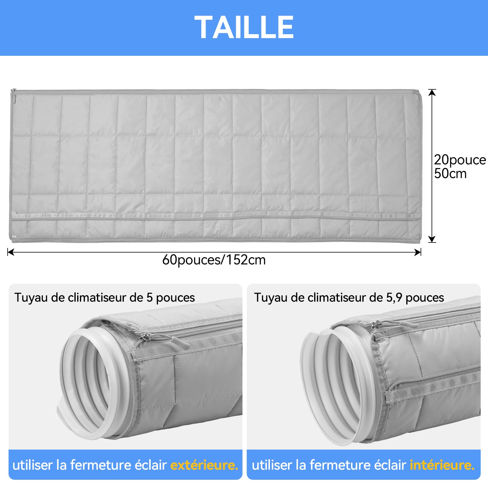 60" Protection Pour Tuyau Climatiseur AGPTEK, Manchon Isolant À Fermeture Éclair Pour Tuyaux De 5" Et 5.9", Housse Portable En EVA, Pour Tous Les Tuyaux D'Évacuation De Climatiseurs Mobiles, Gris