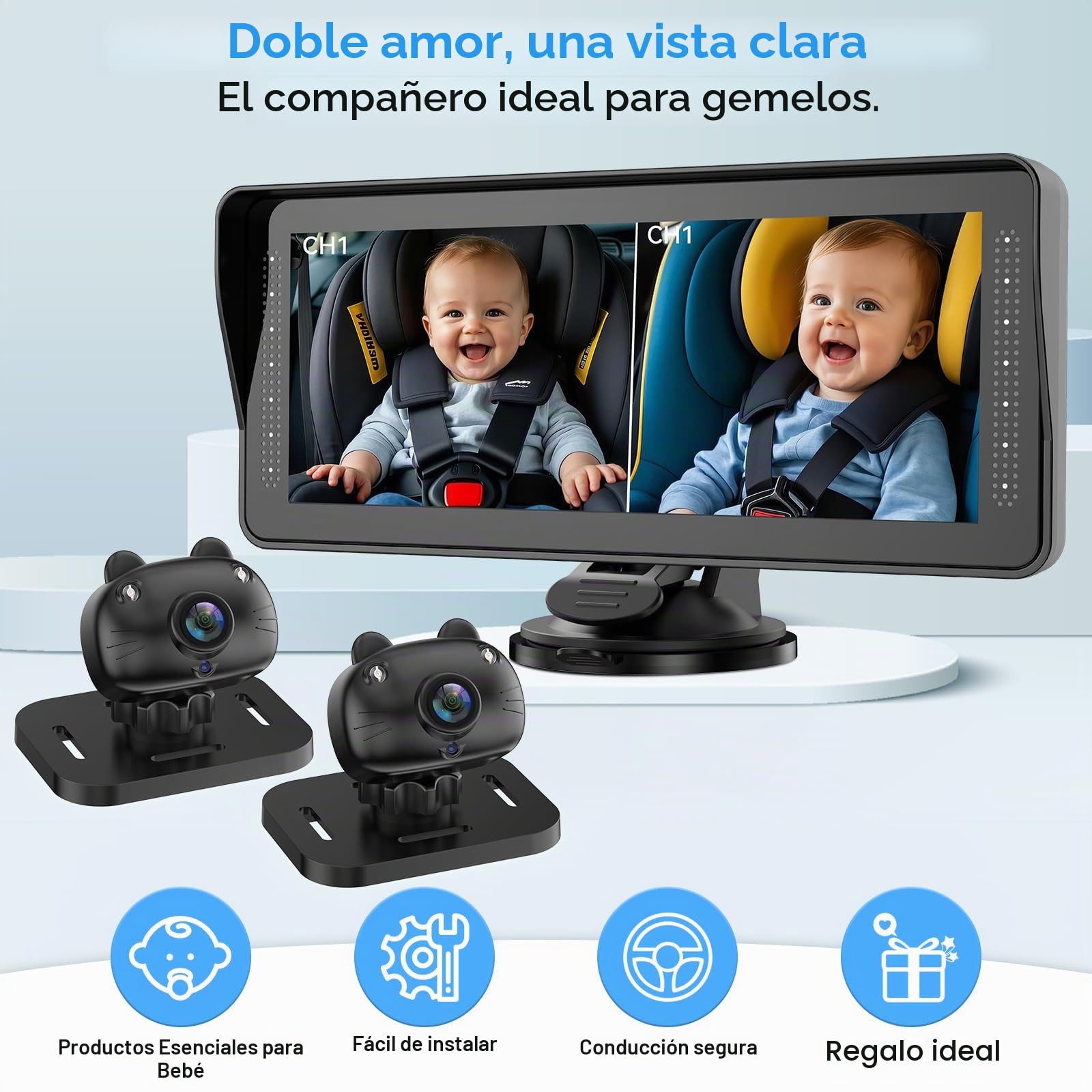 Cámara doble para coche de bebé para 2 niños, pantalla dividida de 6.9 pulgadas, pantalla HD ultra ancha con dos cámaras, fácil configuración, cámaras de visión nocturna giratorias, ideal para padres