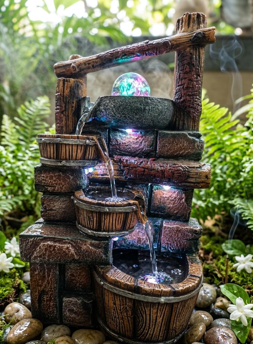 Designer Rustic Wood Barrel Cascading Water Fountain 19 Inch Polyresin Multi-Tier Pot LED Showpiece for Entrance Decor, Living Room, Gifting-image-30