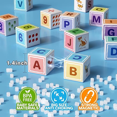 Miniatura 6 de ABC 123 Bloques de construcción para niños pequeños, juguetes sensoriales de cubo magnético, aprendizaje preescolar del alfabeto, número y animales,