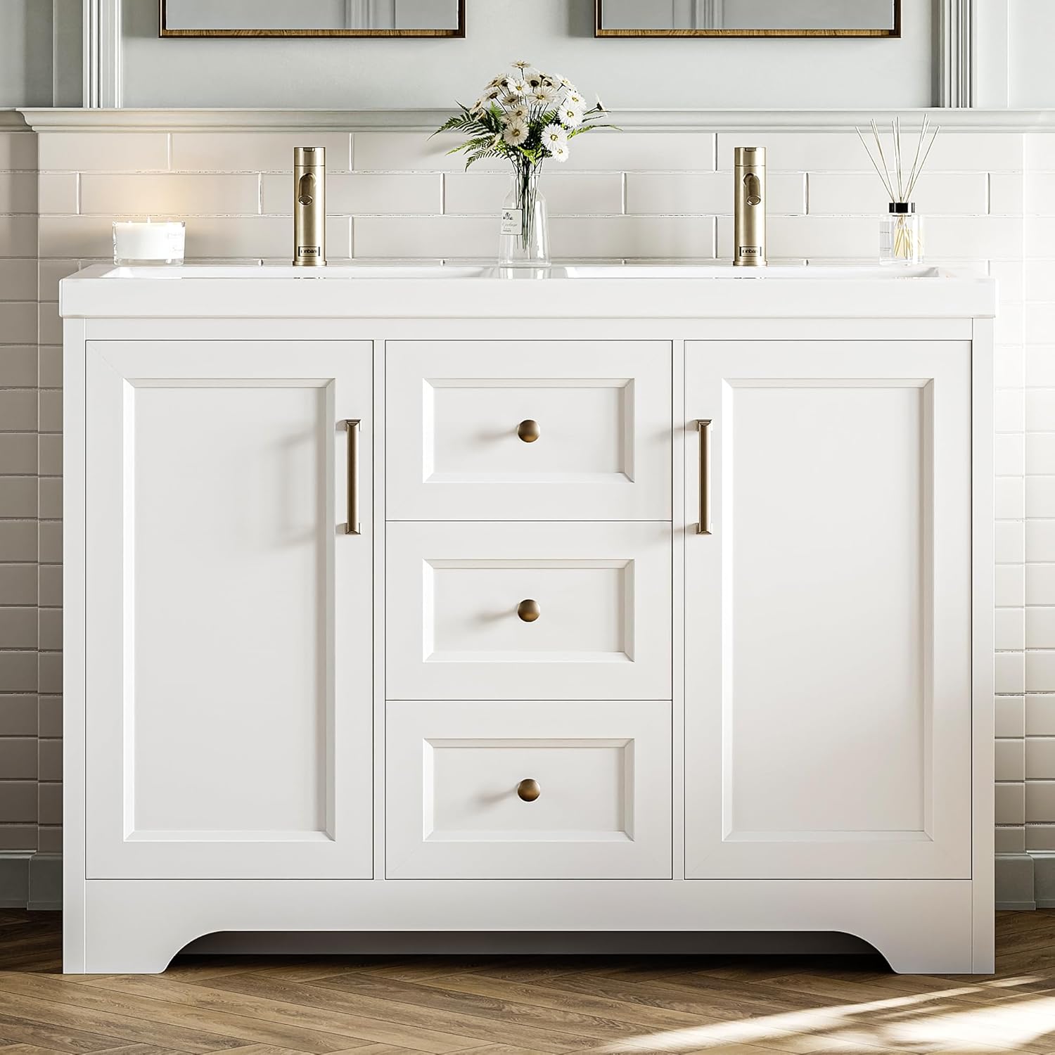 LIKIMIO 47.2" Bathroom Vanity with Sink, Freestanding Bathroom Vanity with 2 Soft-Close Doors & 3 Drawers, Integrated Double SMC Sink, Transitional Bathroom Vanity, Assembly Required, White
